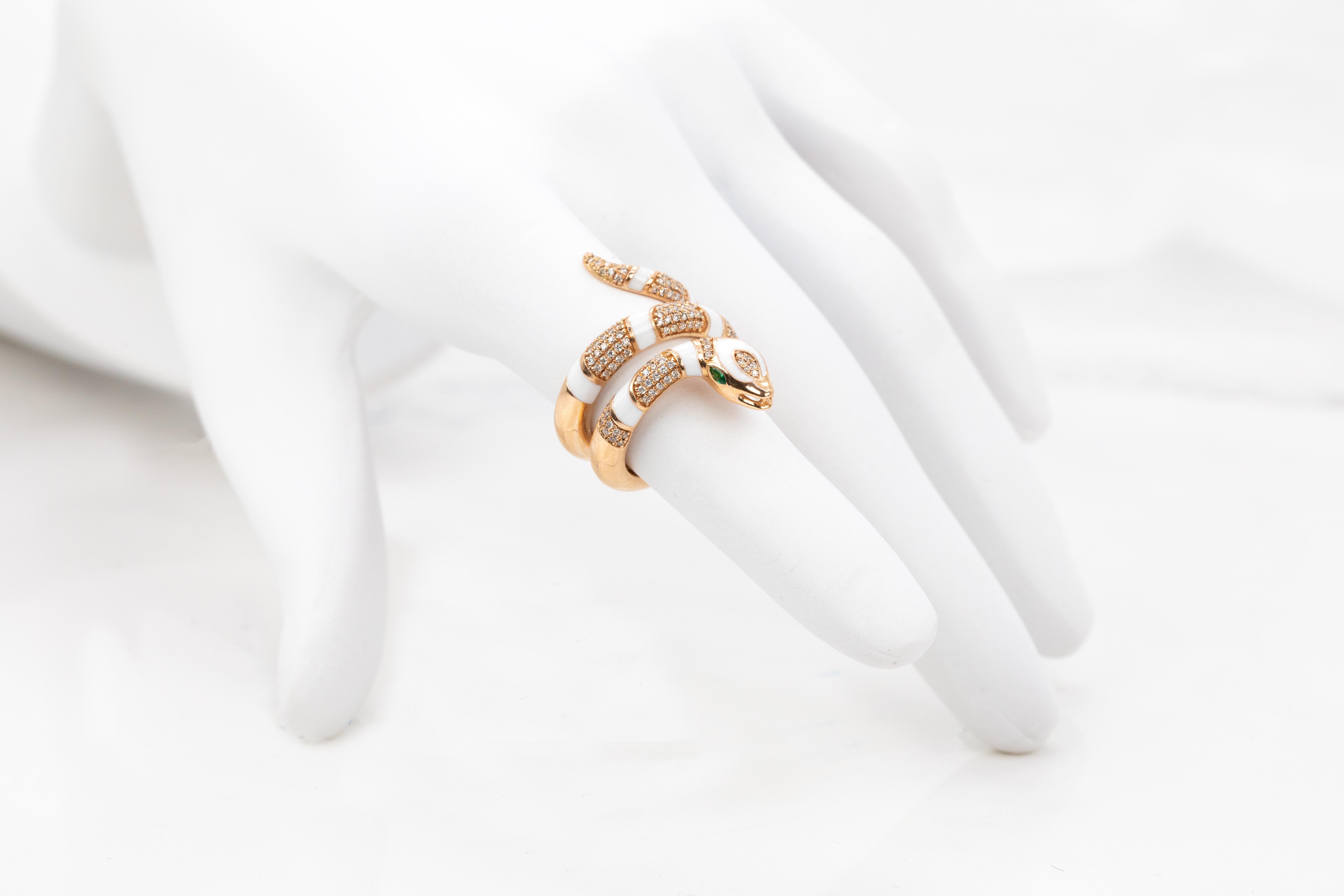 For Sale:  14K Rose Gold Ring Snake Model White Enamel and Emerald Stone Ring 11