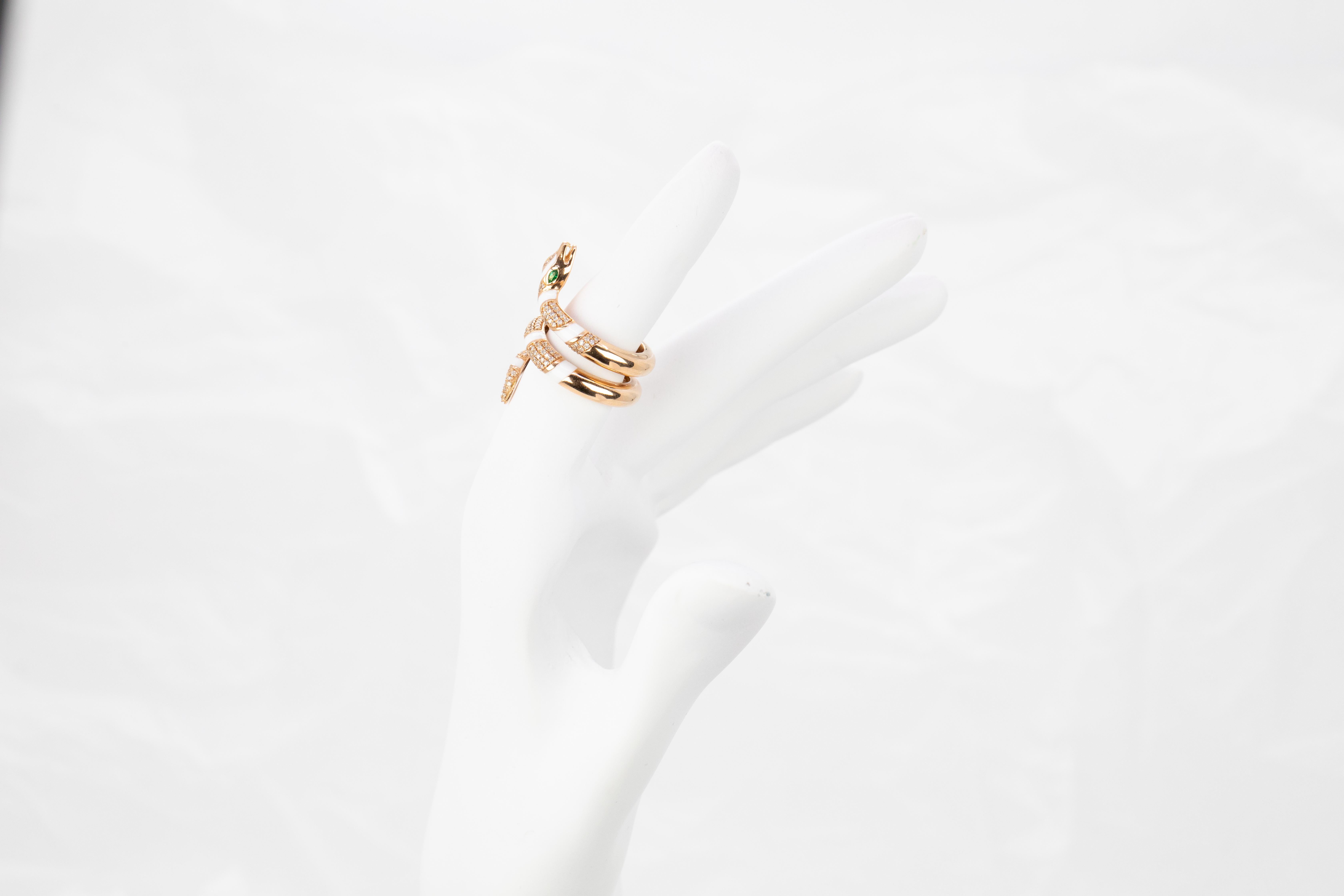 For Sale:  14K Rose Gold Ring Snake Model White Enamel and Emerald Stone Ring 12