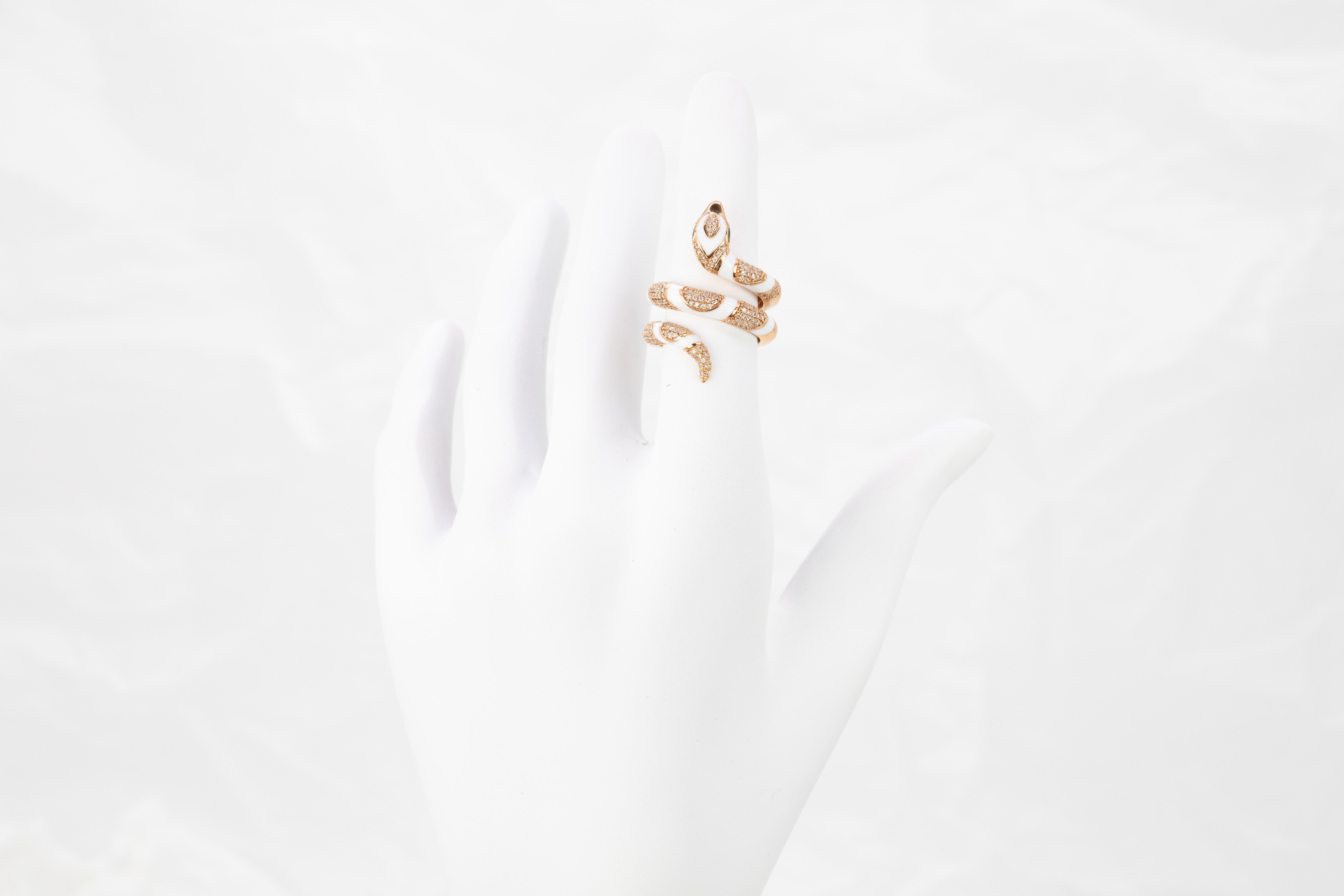 For Sale:  14K Rose Gold Ring Snake Model White Enamel and Emerald Stone Ring 13