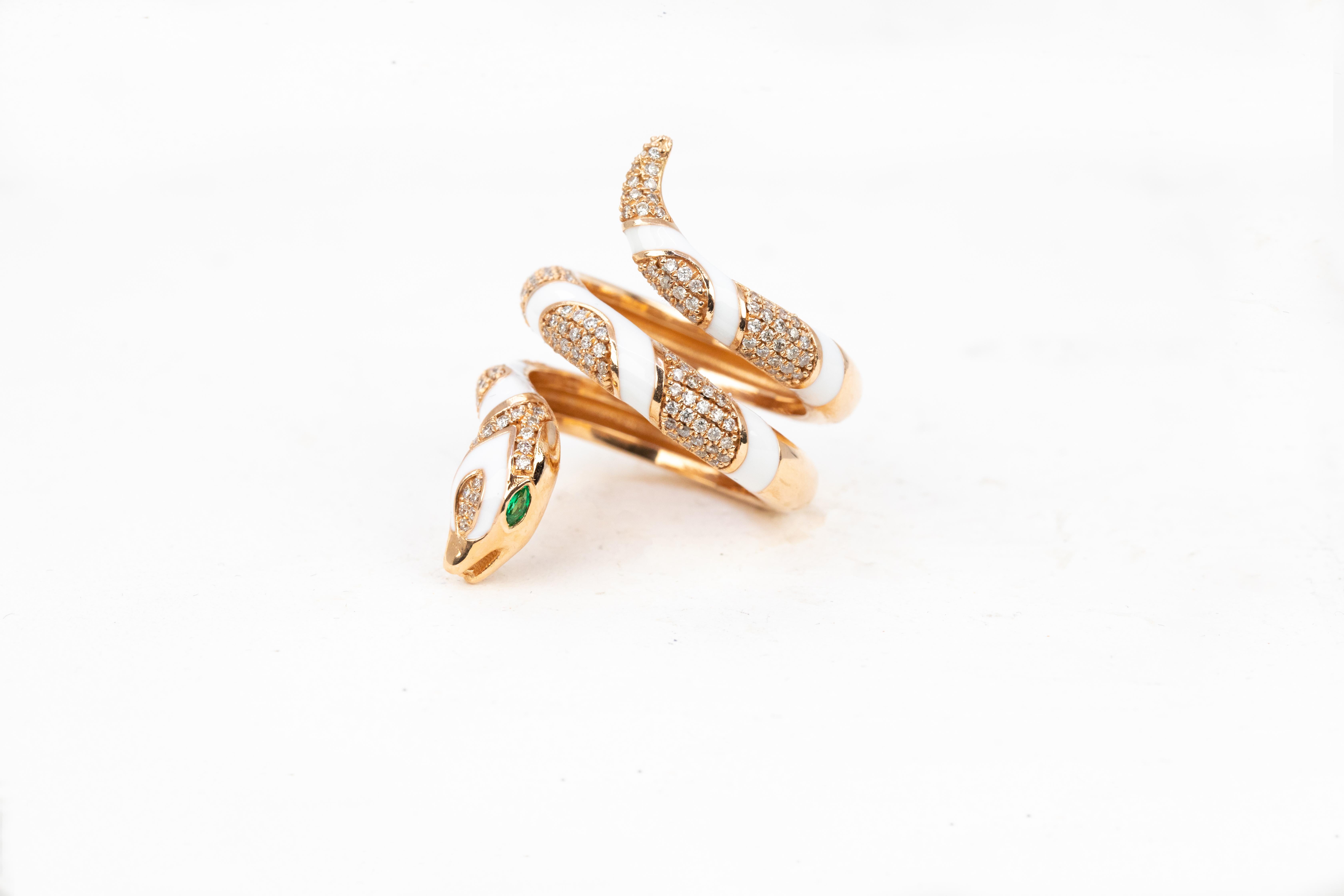For Sale:  14K Rose Gold Ring Snake Model White Enamel and Emerald Stone Ring 14