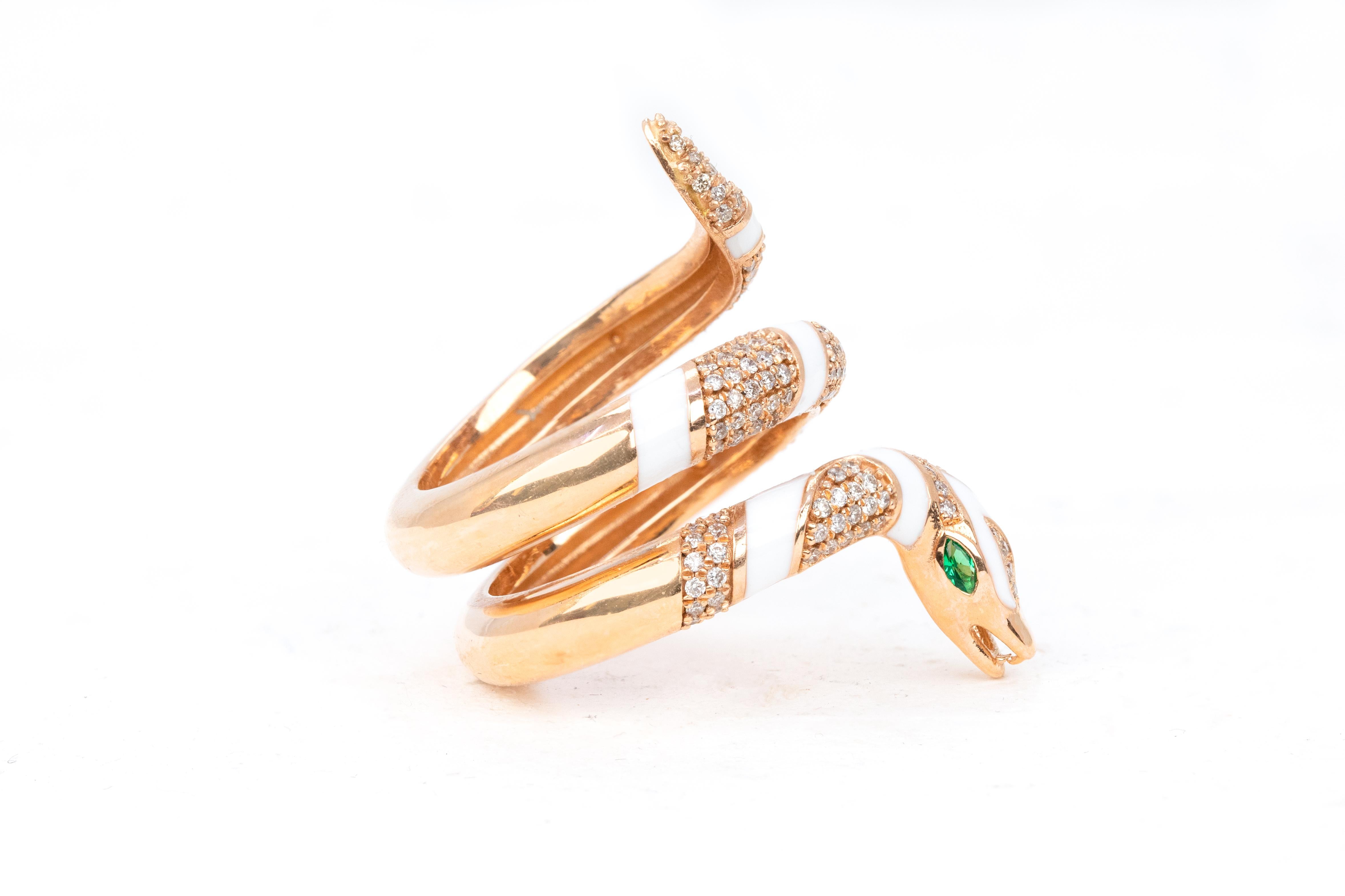 For Sale:  14K Rose Gold Ring Snake Model White Enamel and Emerald Stone Ring 15