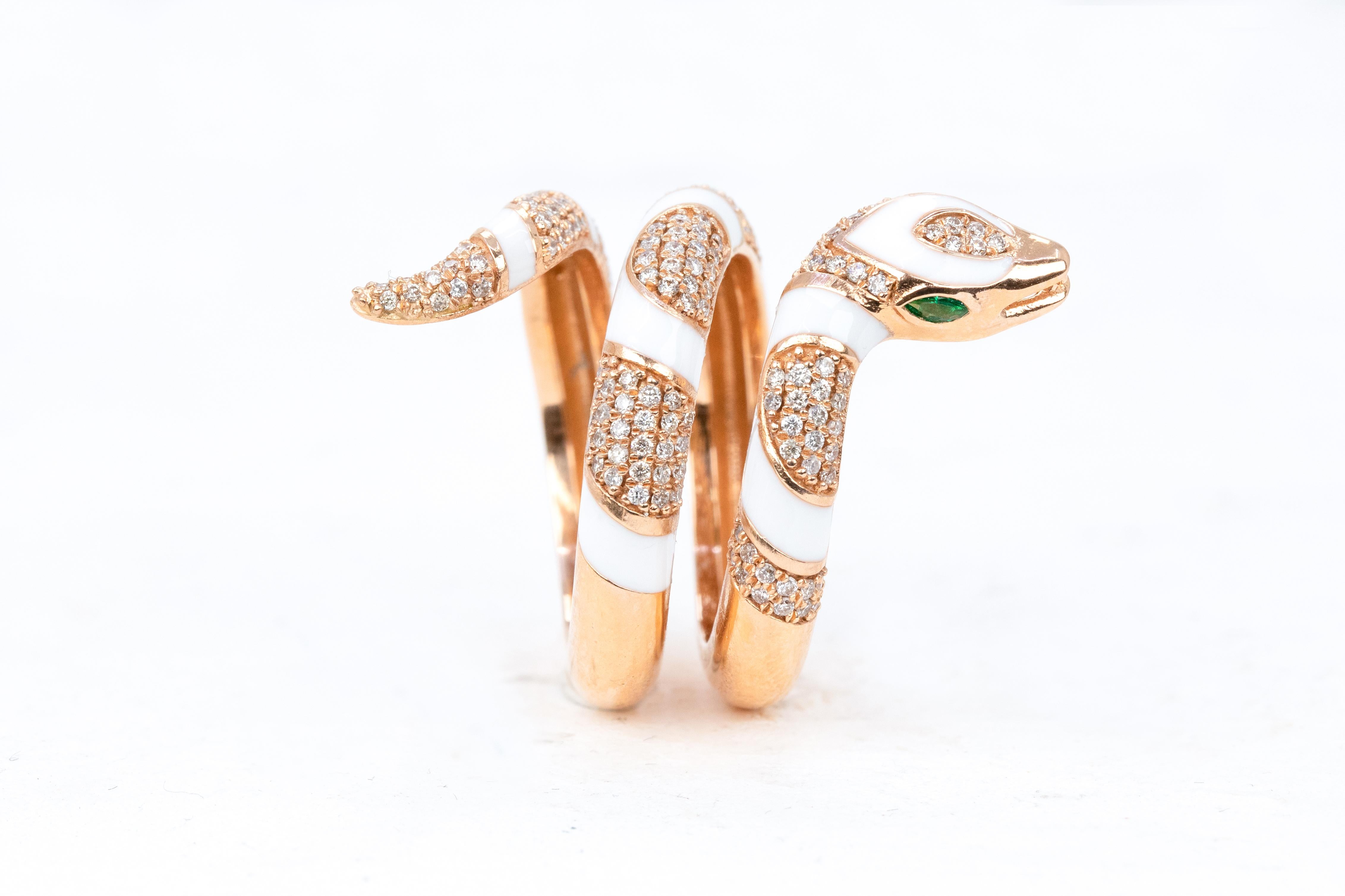For Sale:  14K Rose Gold Ring Snake Model White Enamel and Emerald Stone Ring 16