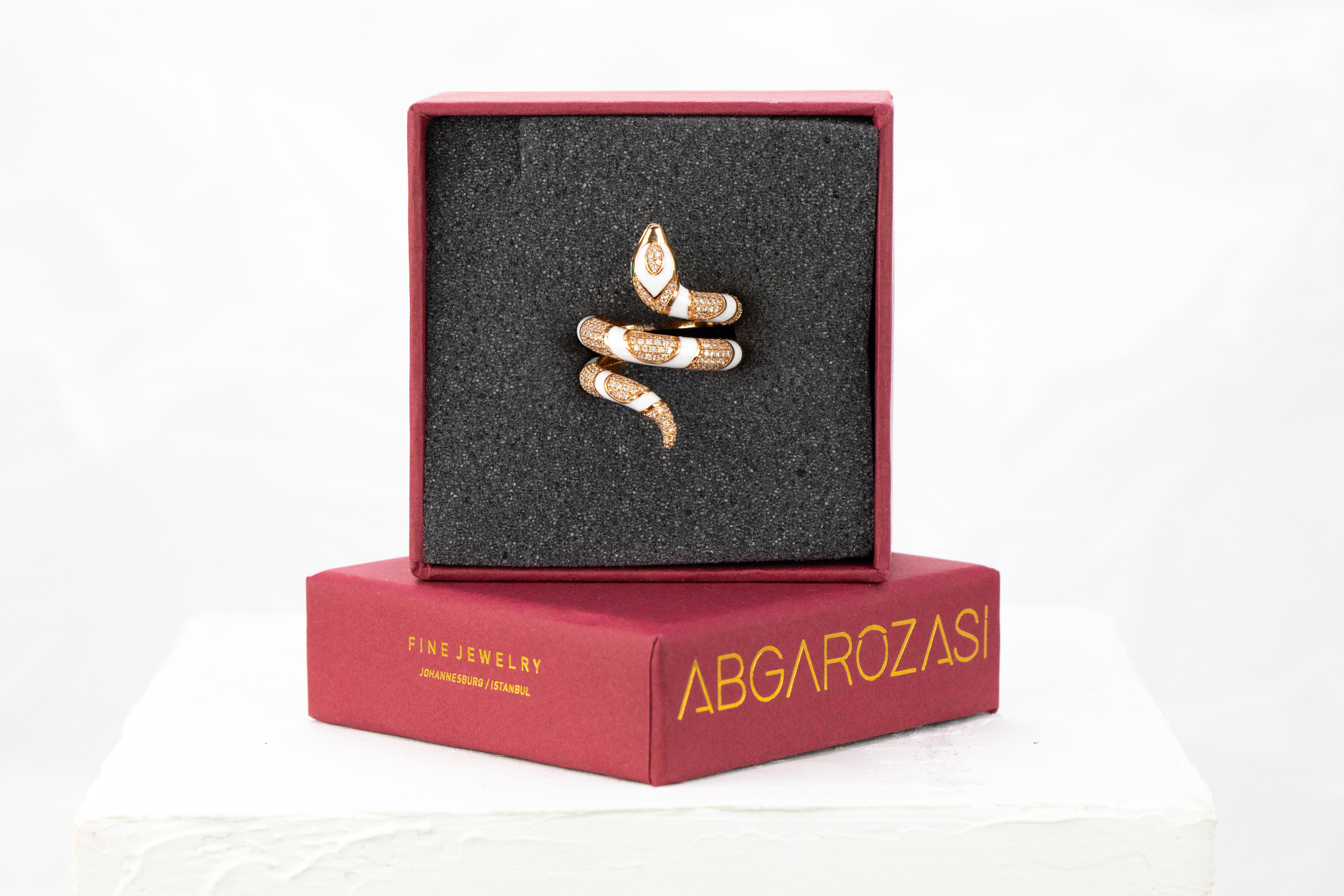 For Sale:  14K Rose Gold Ring Snake Model White Enamel and Emerald Stone Ring 18