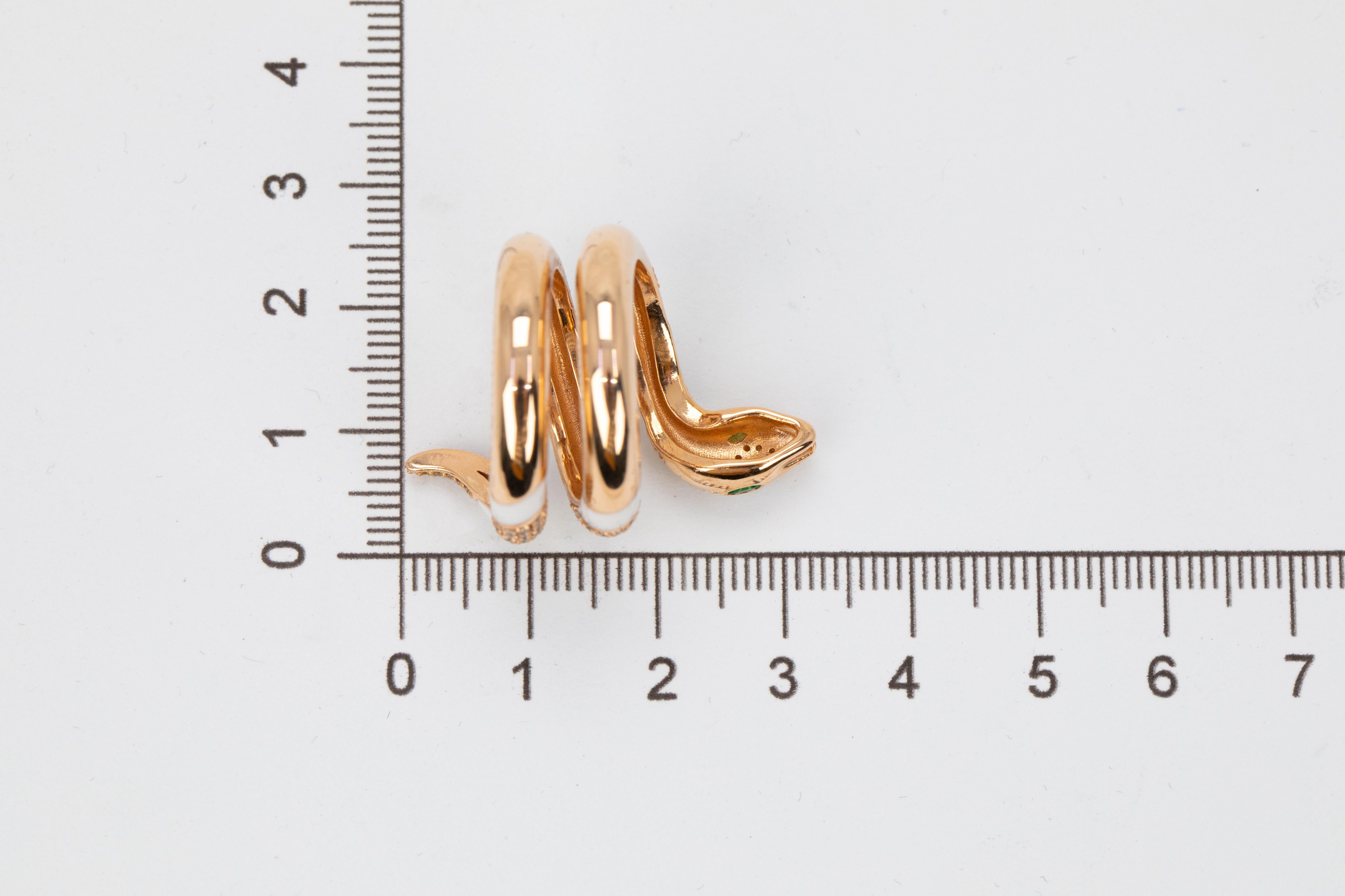 For Sale:  14K Rose Gold Ring Snake Model White Enamel and Emerald Stone Ring 19