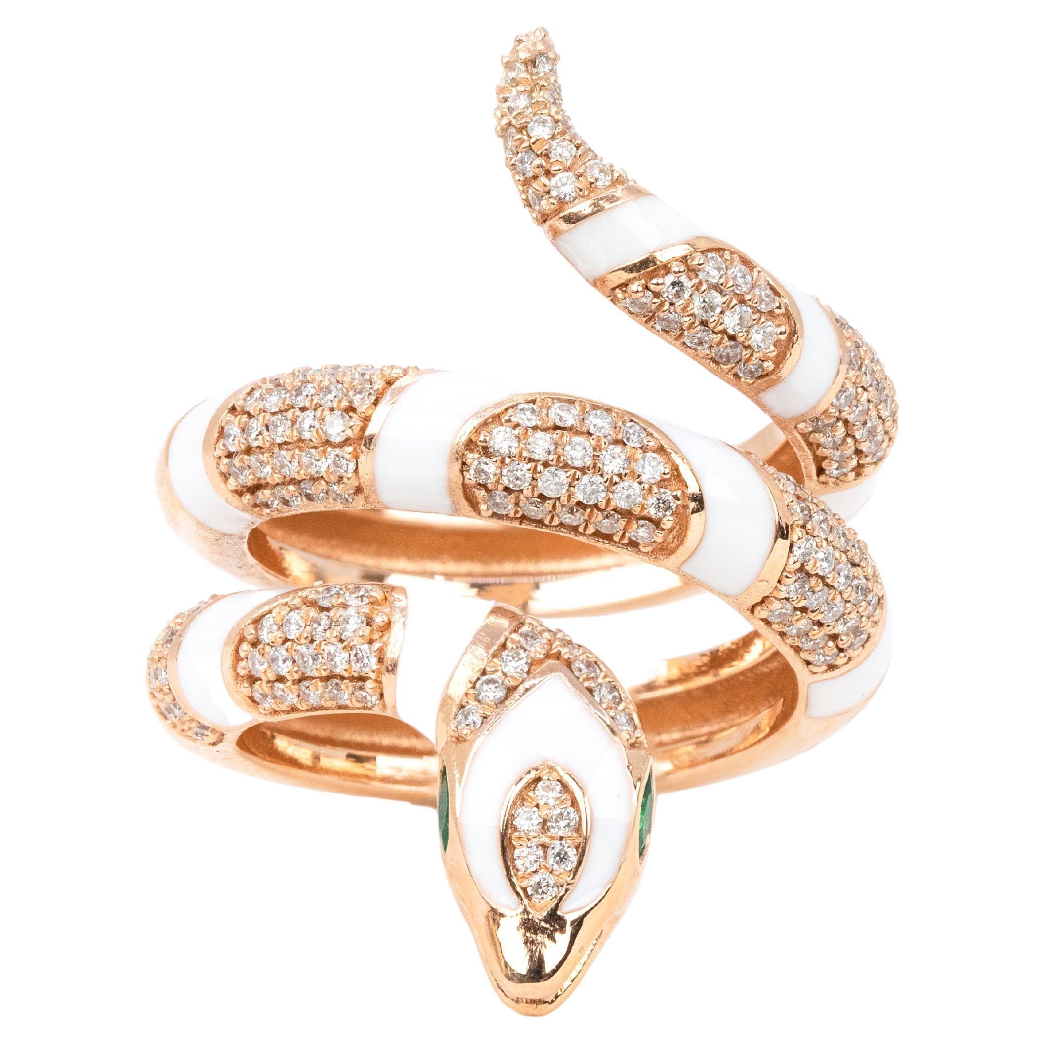 14K Rose Gold Ring Snake Model White Enamel and Emerald Stone Ring