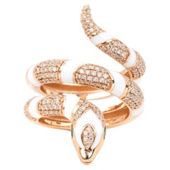14 Karat Roségold Ring Schlange Modell Weiß Emaille und Smaragd Stein Ring
