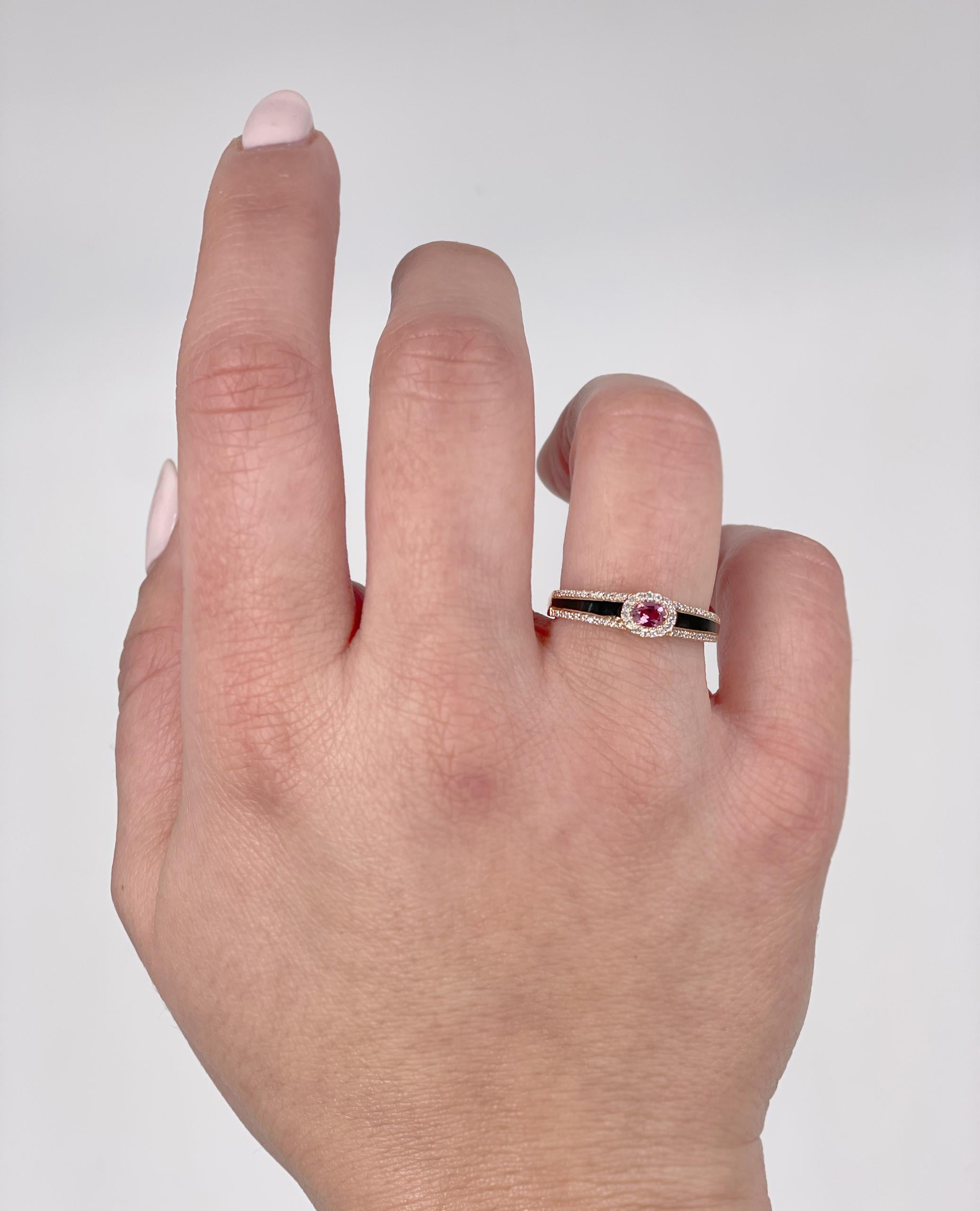 Oval Cut 14K Rose Gold Ring with Pink Tourmaline and Black Enamel For Sale