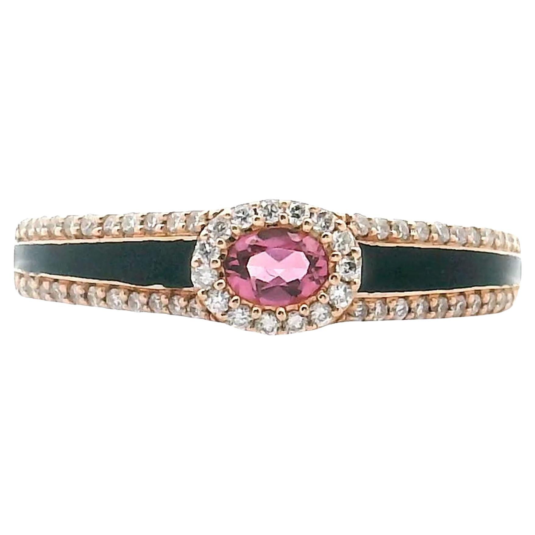 14K Rose Gold Ring with Pink Tourmaline and Black Enamel For Sale