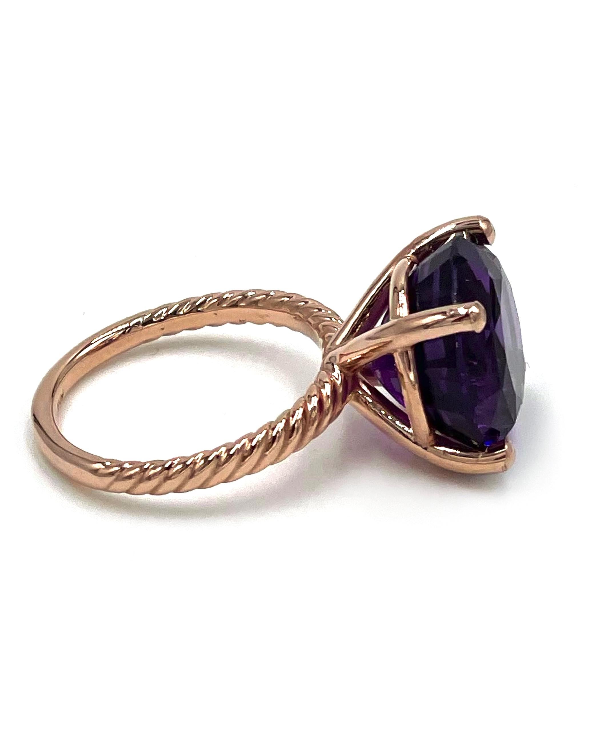 Contemporary 14K Rose Gold Rope Style Solitaire Ring with Amethyst, 10 Carats For Sale