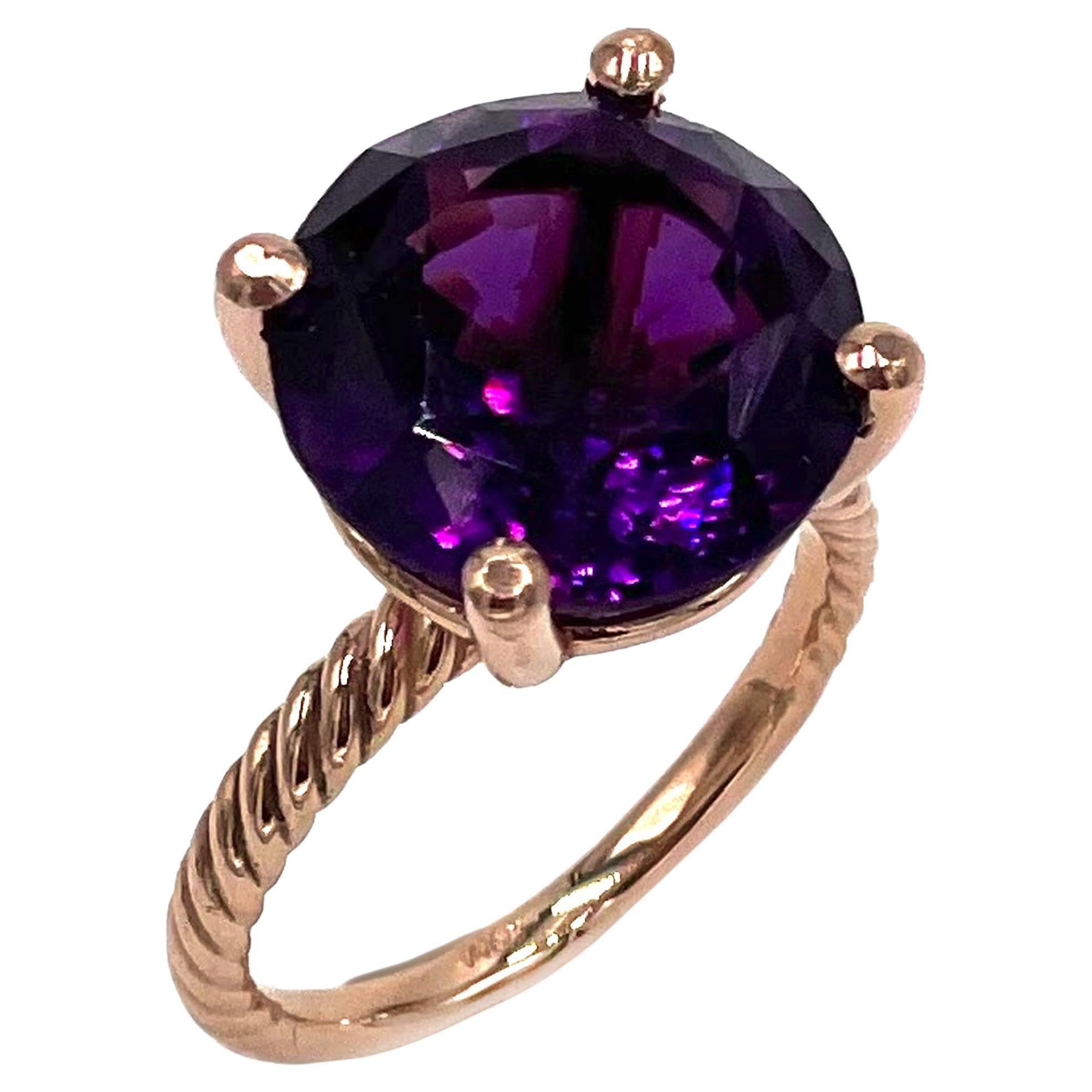 14K Rose Gold Rope Style Solitaire Ring with Amethyst, 10 Carats For Sale