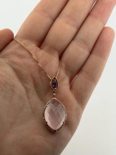 14K Rose Gold Rose Quartz & Amethyst Pendant Necklace 14.3ct Quartz Diamond Halo