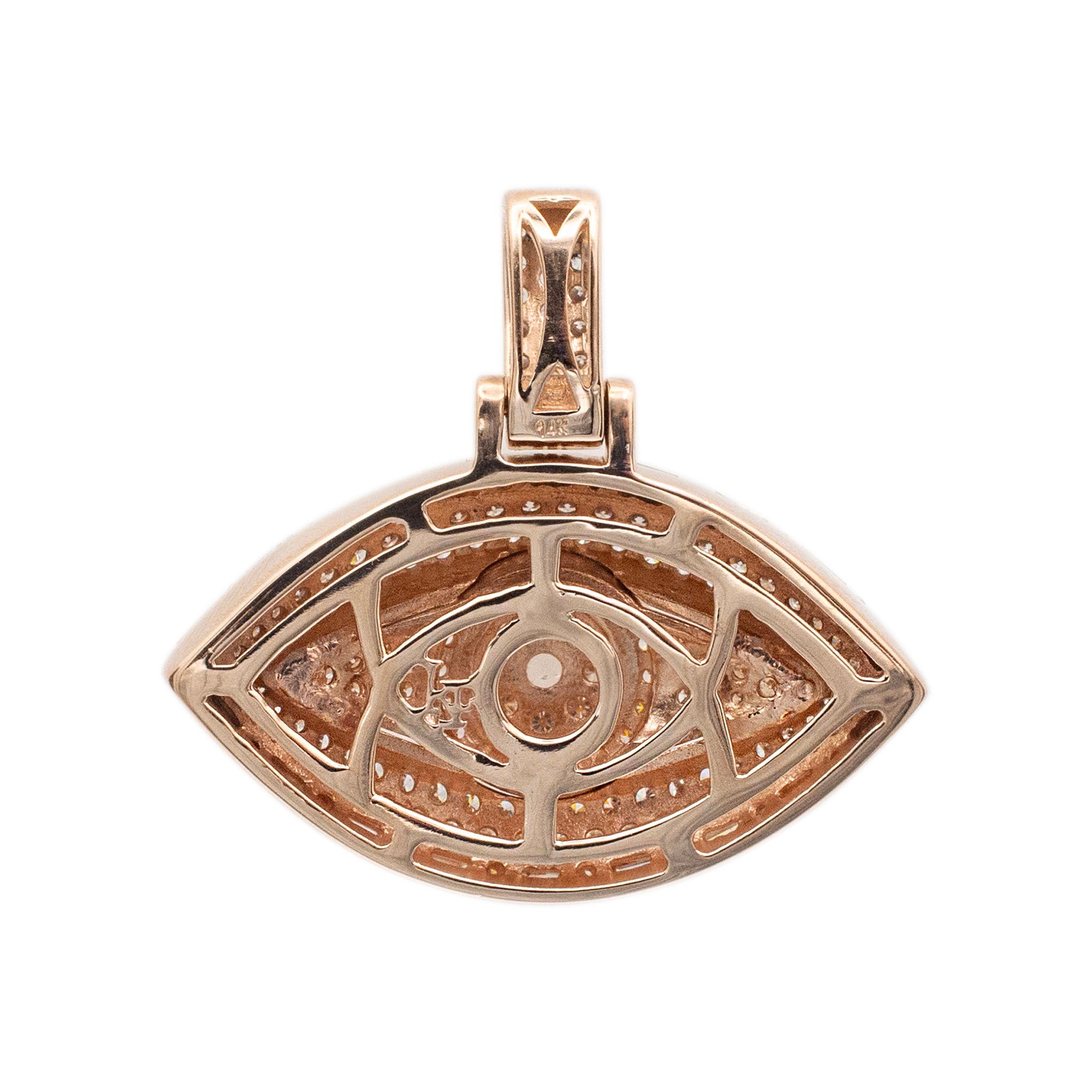 Metal Type: 14K Rose Gold

Length: 1.25 inches

Width: 1.25 inches

Weight: 12.00 grams

14K rose gold symbol, diamond cluster pendant. The metal was tested and determined to be 14K rose gold. Engraved with 