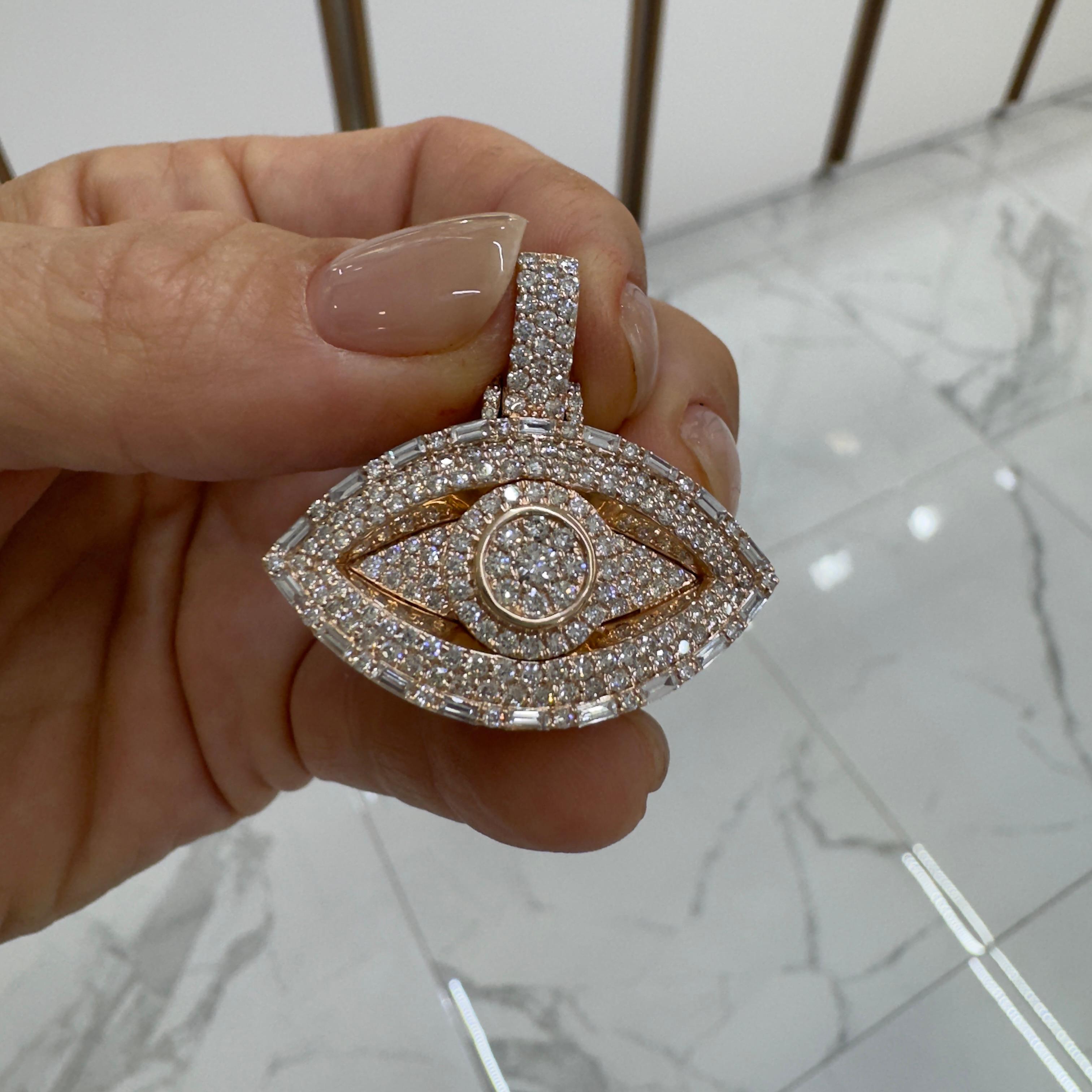 14K Rose Gold Round & Baguette Diamond Evil Eye Pendant In Excellent Condition For Sale In Houston, TX
