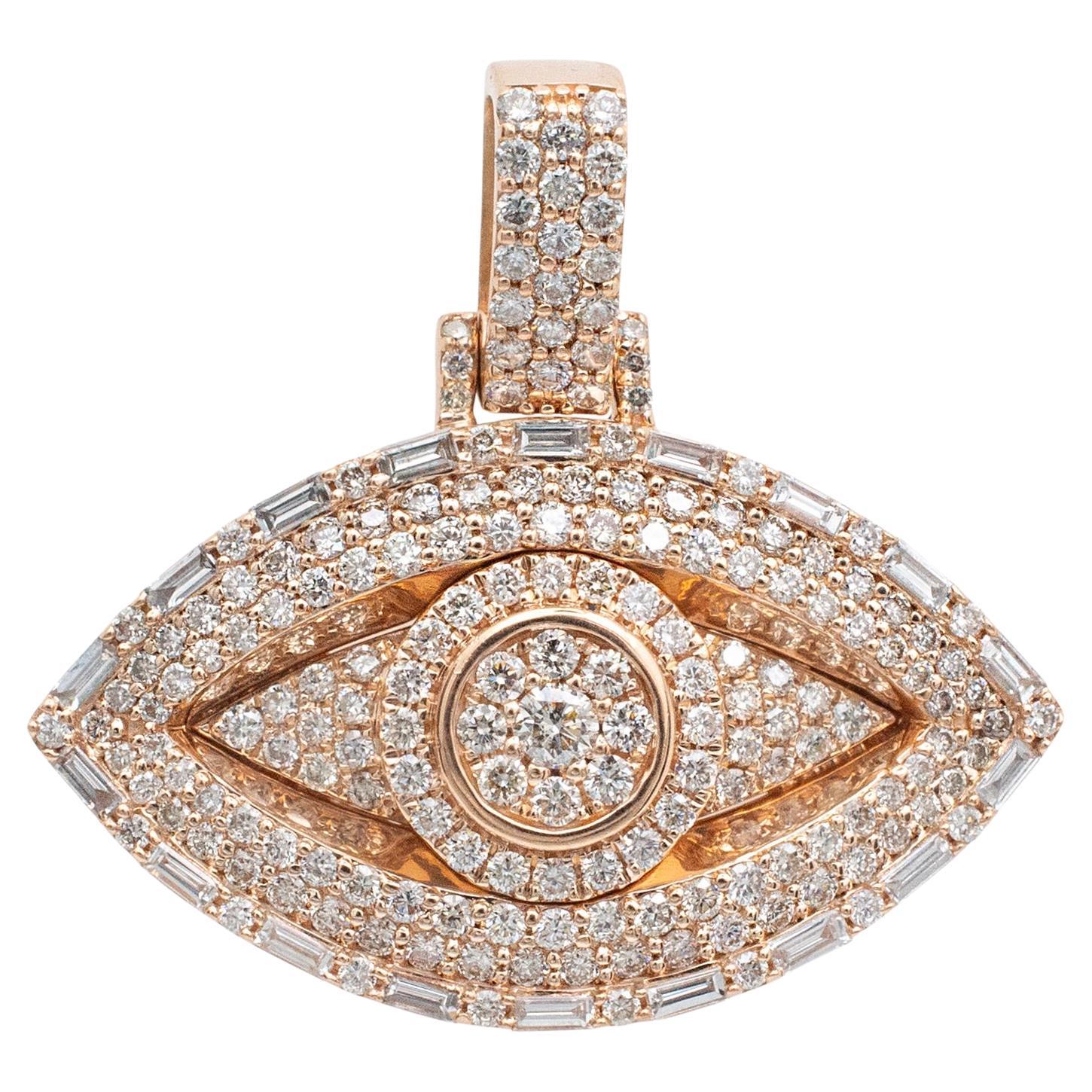 14K Rose Gold Round & Baguette Diamond Evil Eye Pendant For Sale