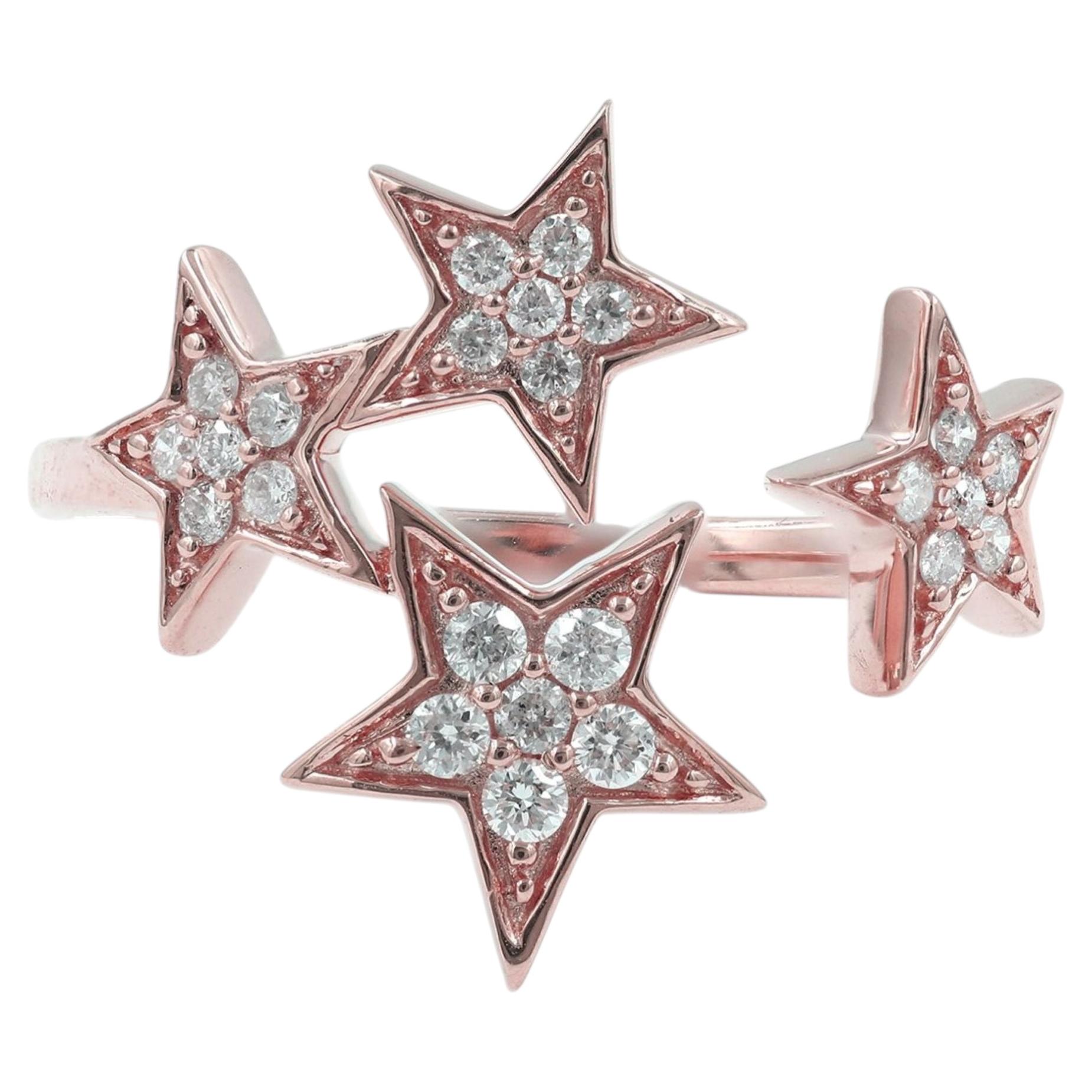 14K Rose Gold Round Cut Diamond Multi-Star Bypass Ring For Sale