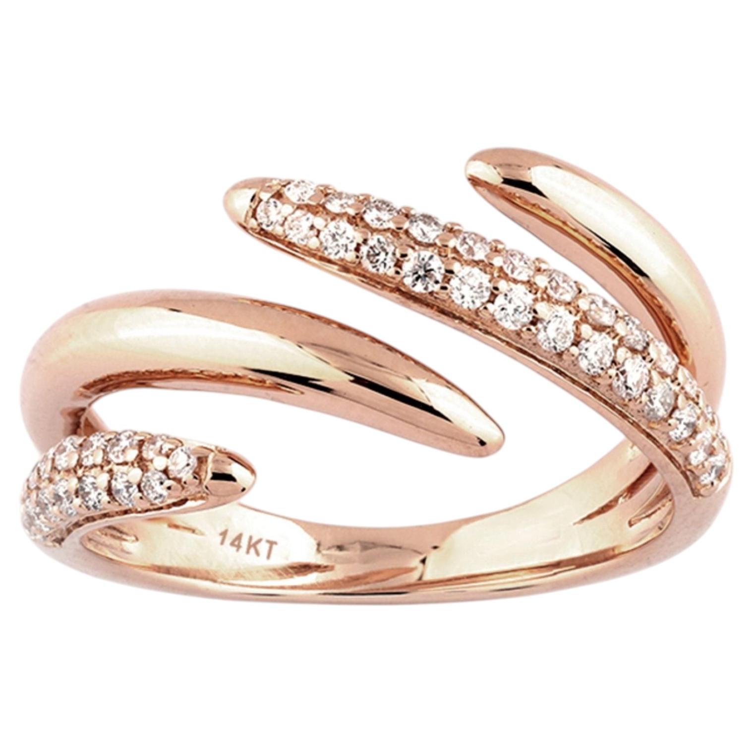 14K Rose Gold Round Cut Diamond Bypass Ring, Modern Design For Sale