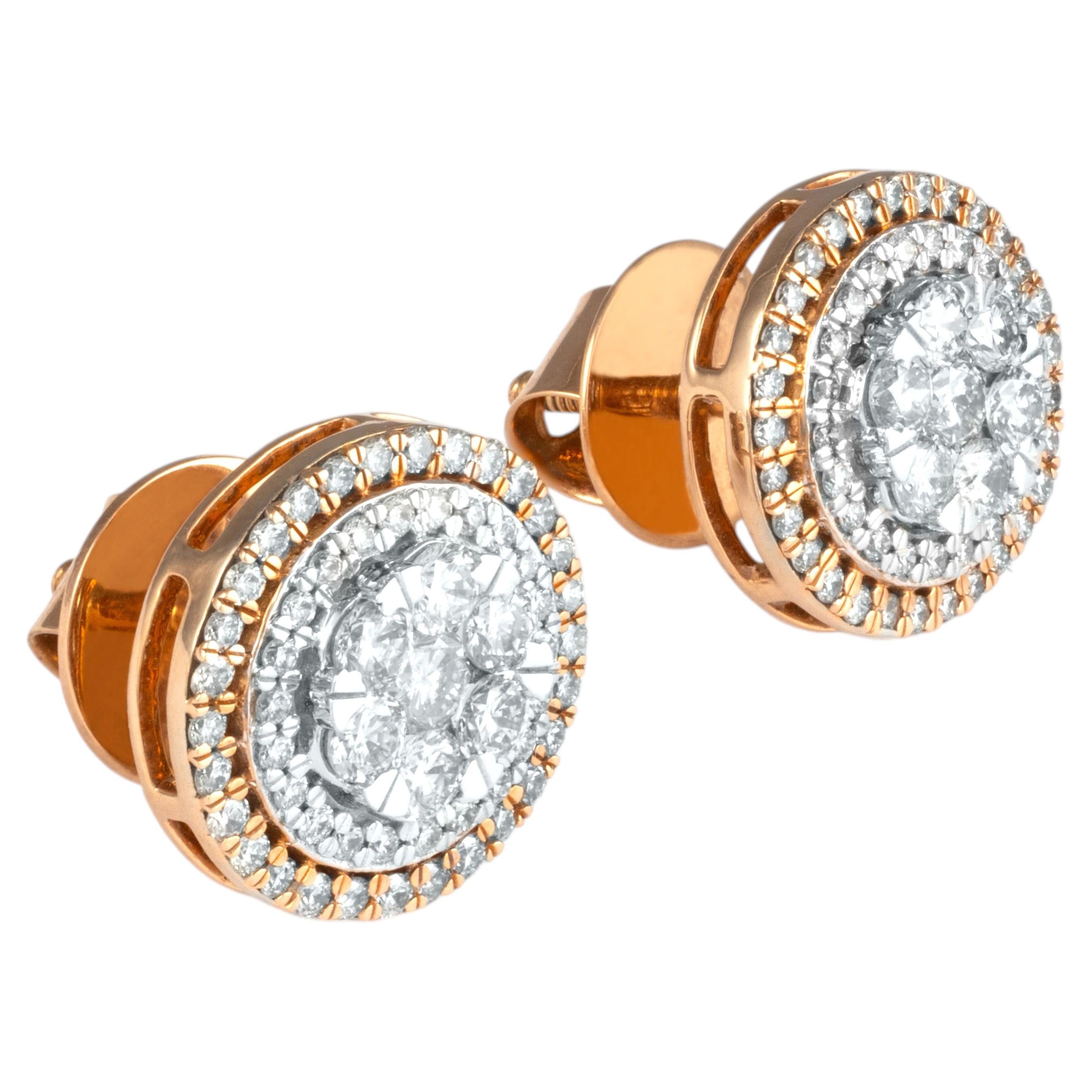 14K Rose Gold Round Diamond Cluster Halo Stud Earrings with Pavé Setting