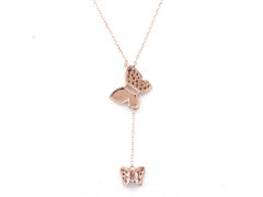 14K Rose Gold Round Diamond Dual Butterfly Drop Pendant Necklace