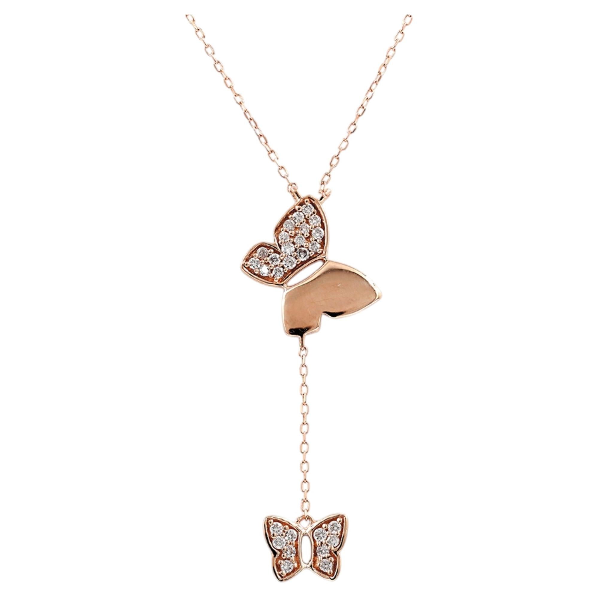 14K Rose Gold Round Diamond Dual Butterfly Drop Pendant Necklace