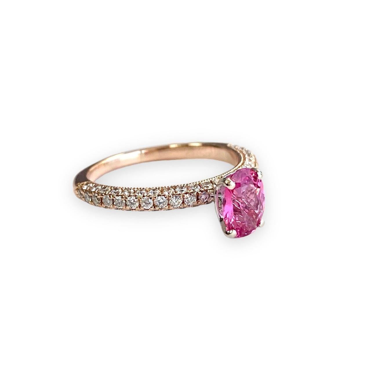 da uomo o donna Anello in oro rosa 14k con spinello rosa rotondo da 0,86 carati e diamante