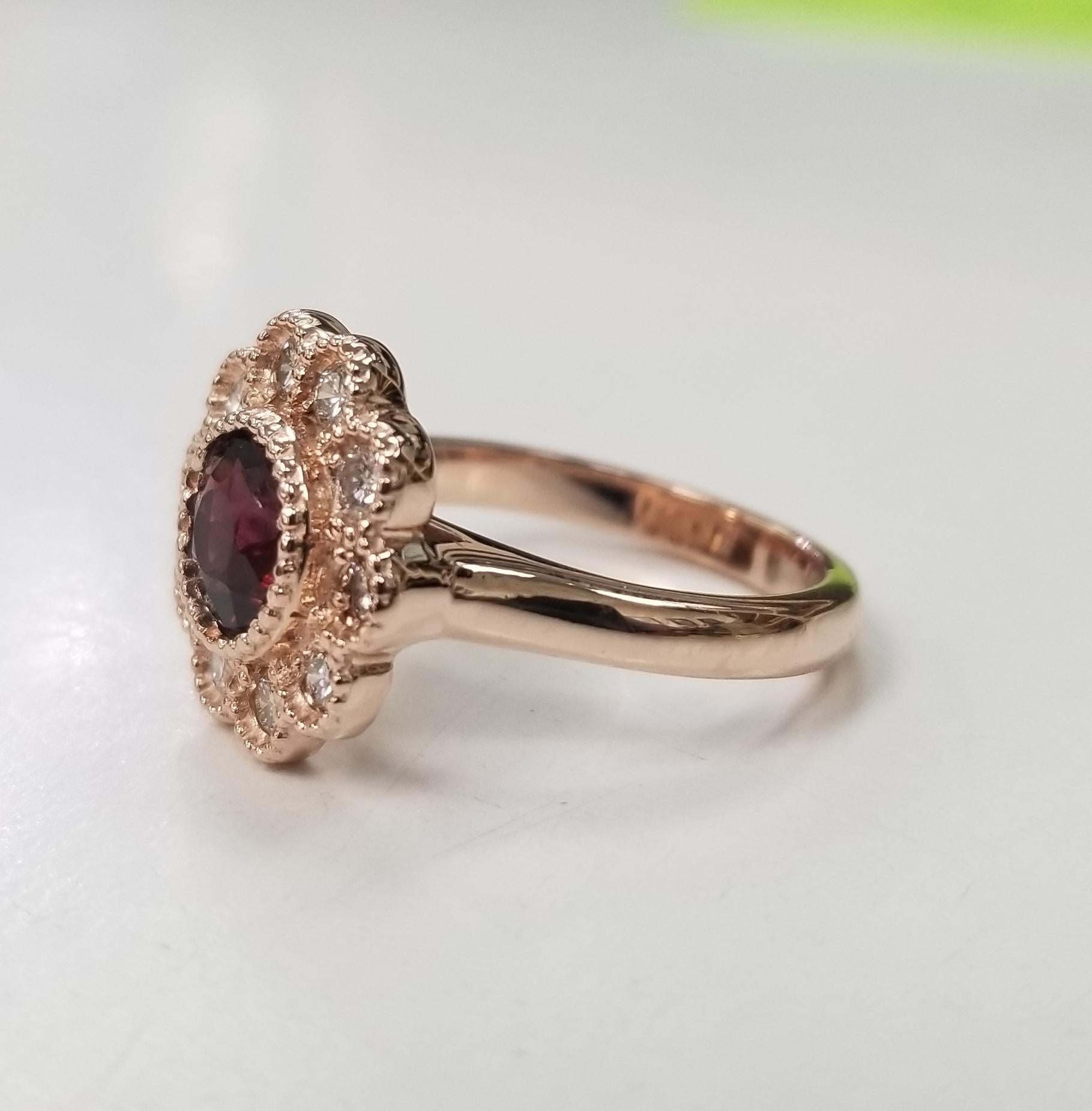 Contemporary 14 Karat Rose Gold Rubelite Garnet and Diamond Halo Beaded Ring For Sale