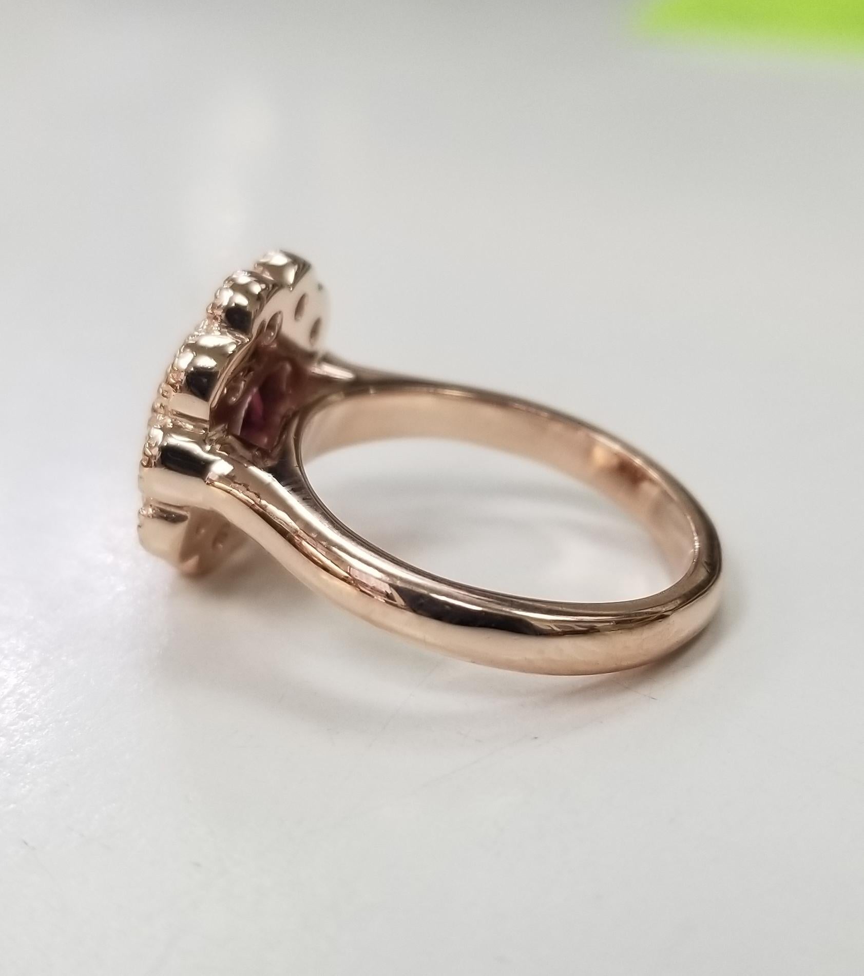 Round Cut 14 Karat Rose Gold Rubelite Garnet and Diamond Halo Beaded Ring For Sale