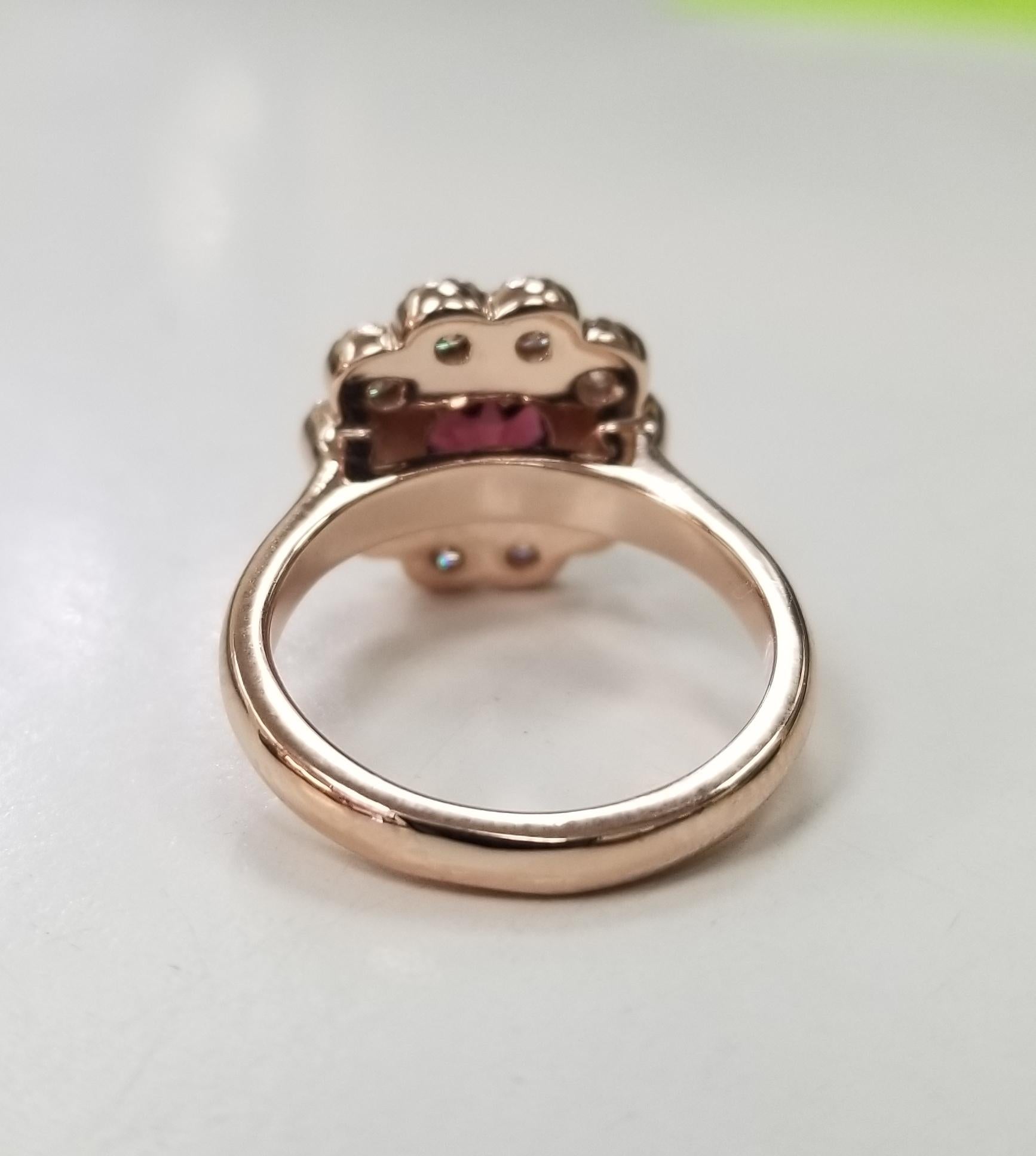 14 Karat Rose Gold Rubelite Garnet and Diamond Halo Beaded Ring In New Condition For Sale In Los Angeles, CA