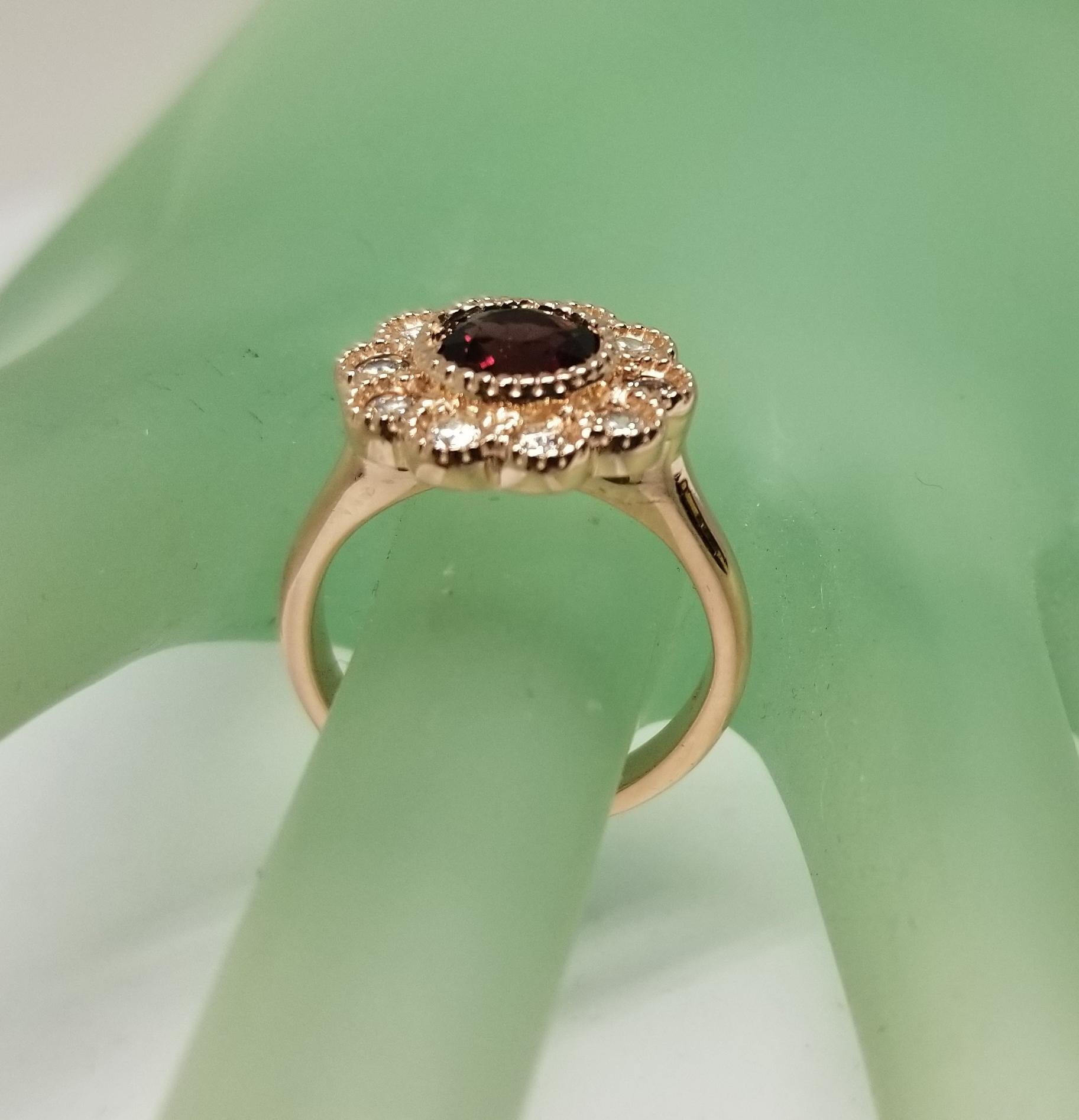 14 Karat Rose Gold Rubelite Garnet and Diamond Halo Beaded Ring For Sale 1