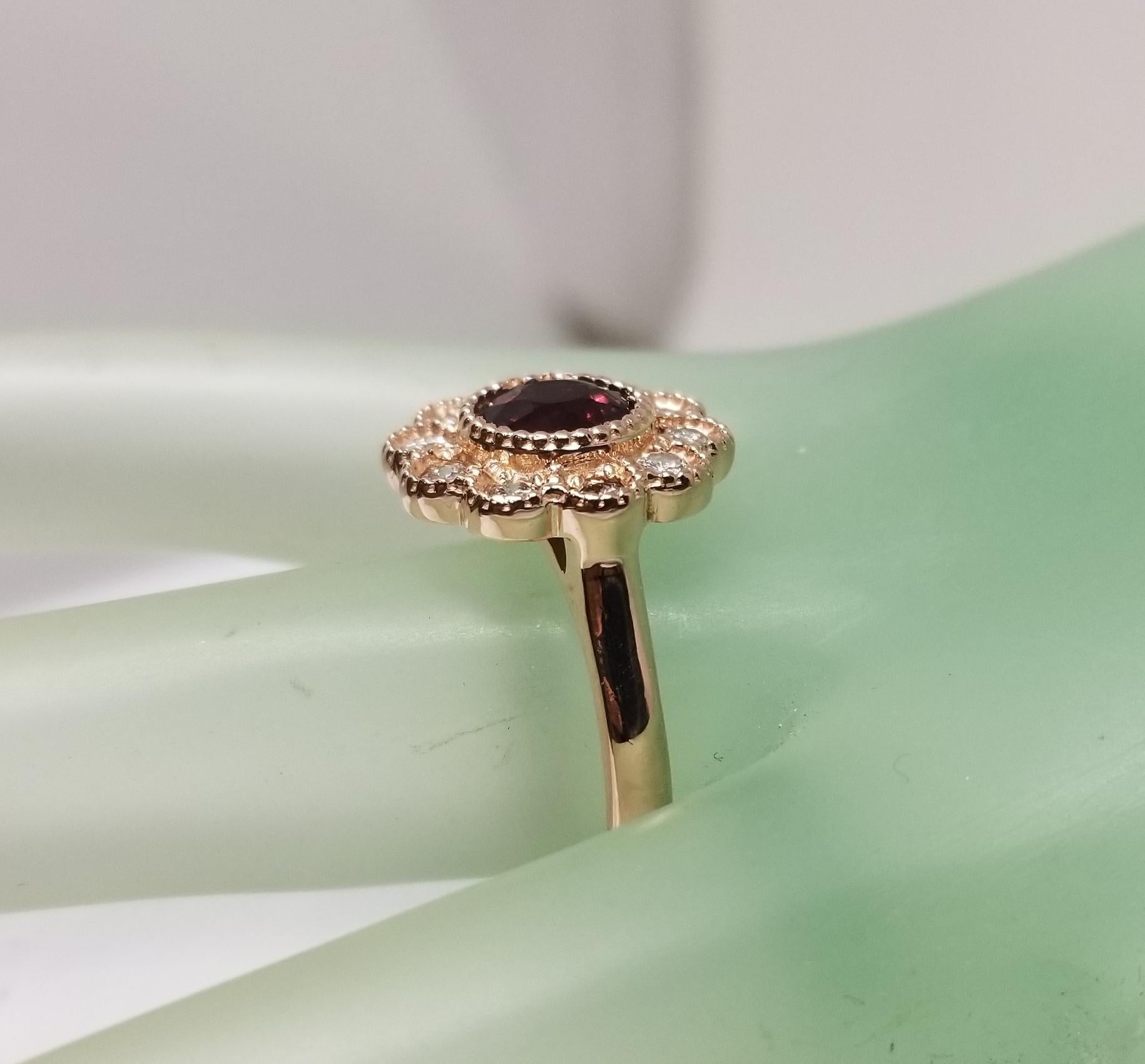 14 Karat Rose Gold Rubelite Garnet and Diamond Halo Beaded Ring For Sale 2