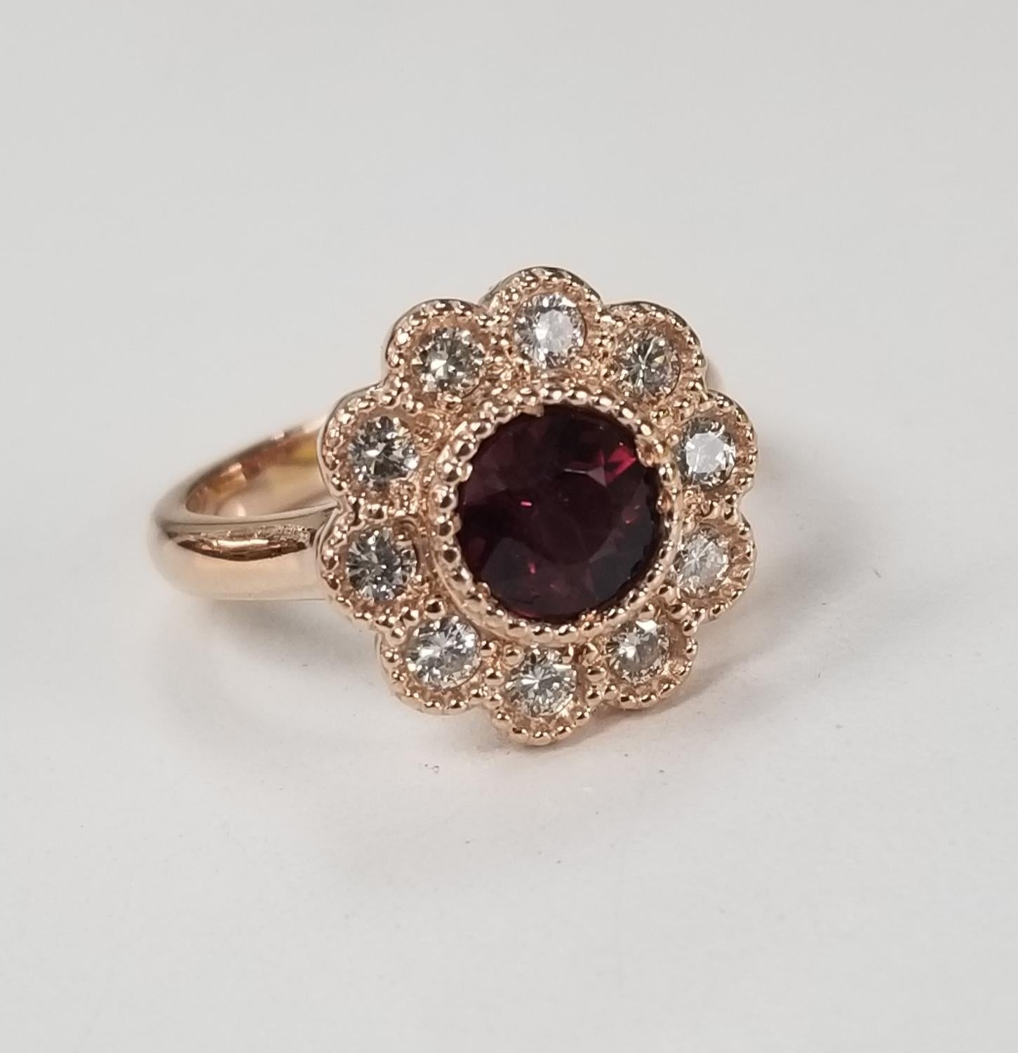 14 Karat Rose Gold Rubelite Garnet and Diamond Halo Beaded Ring For Sale 3