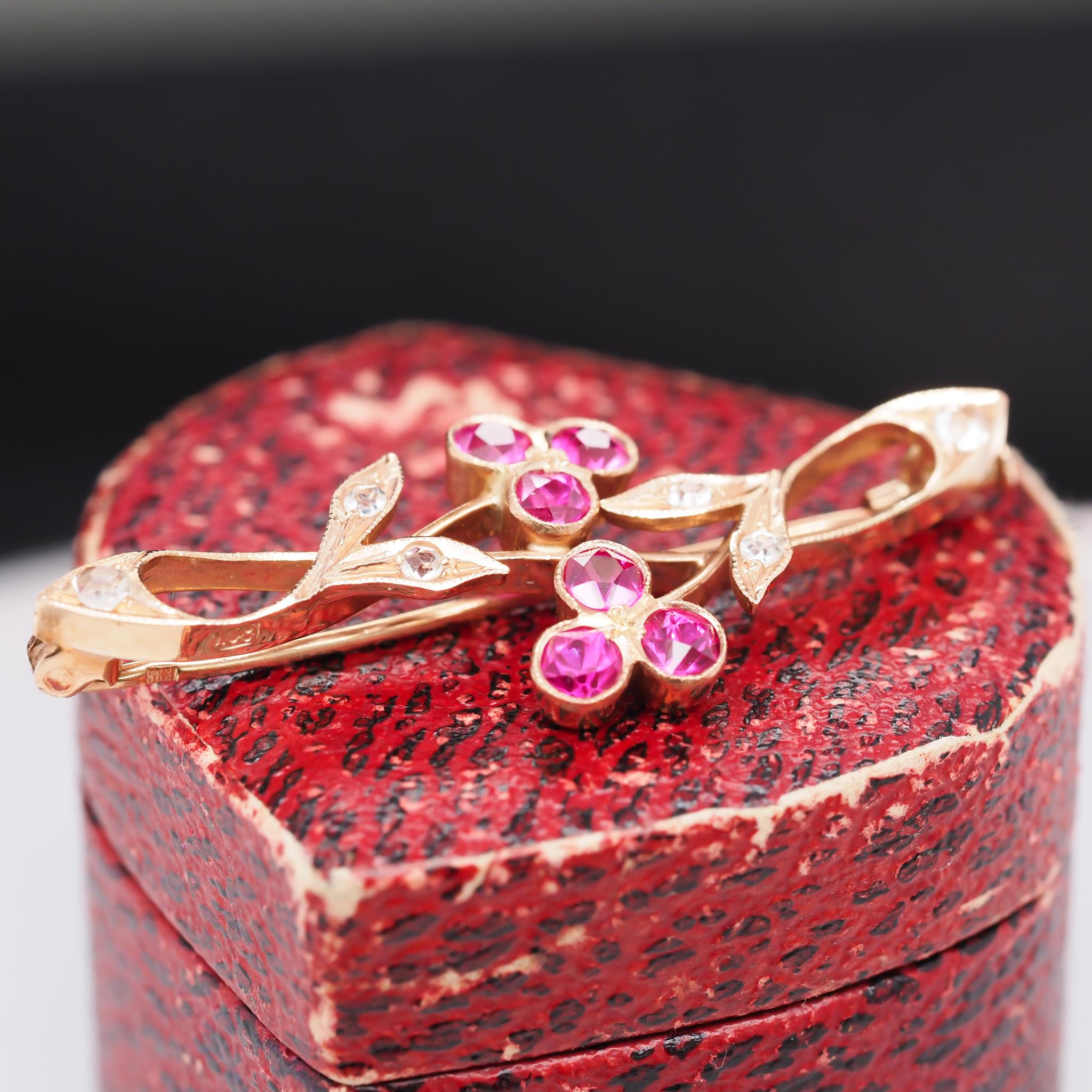 Rose Cut 14k Rose Gold Ruby and Diamond Brooch For Sale