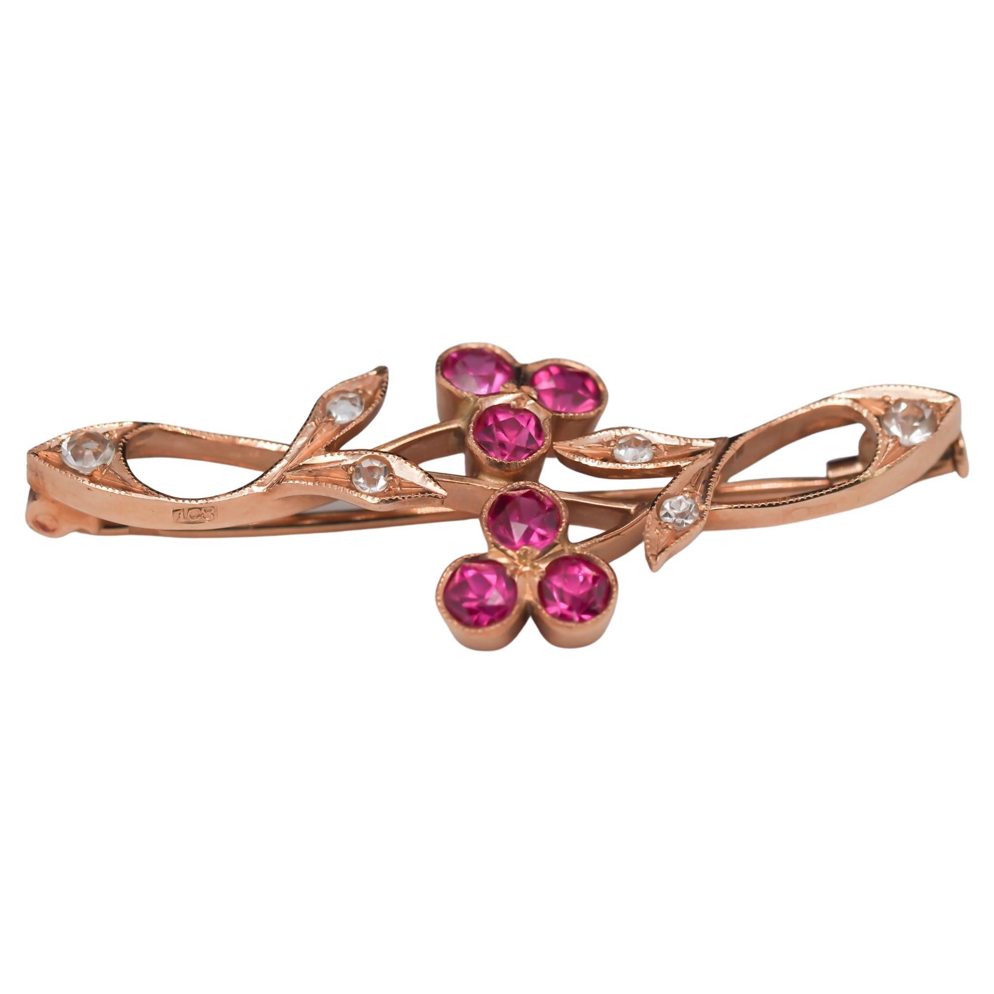14k Rose Gold Ruby and Diamond Brooch
