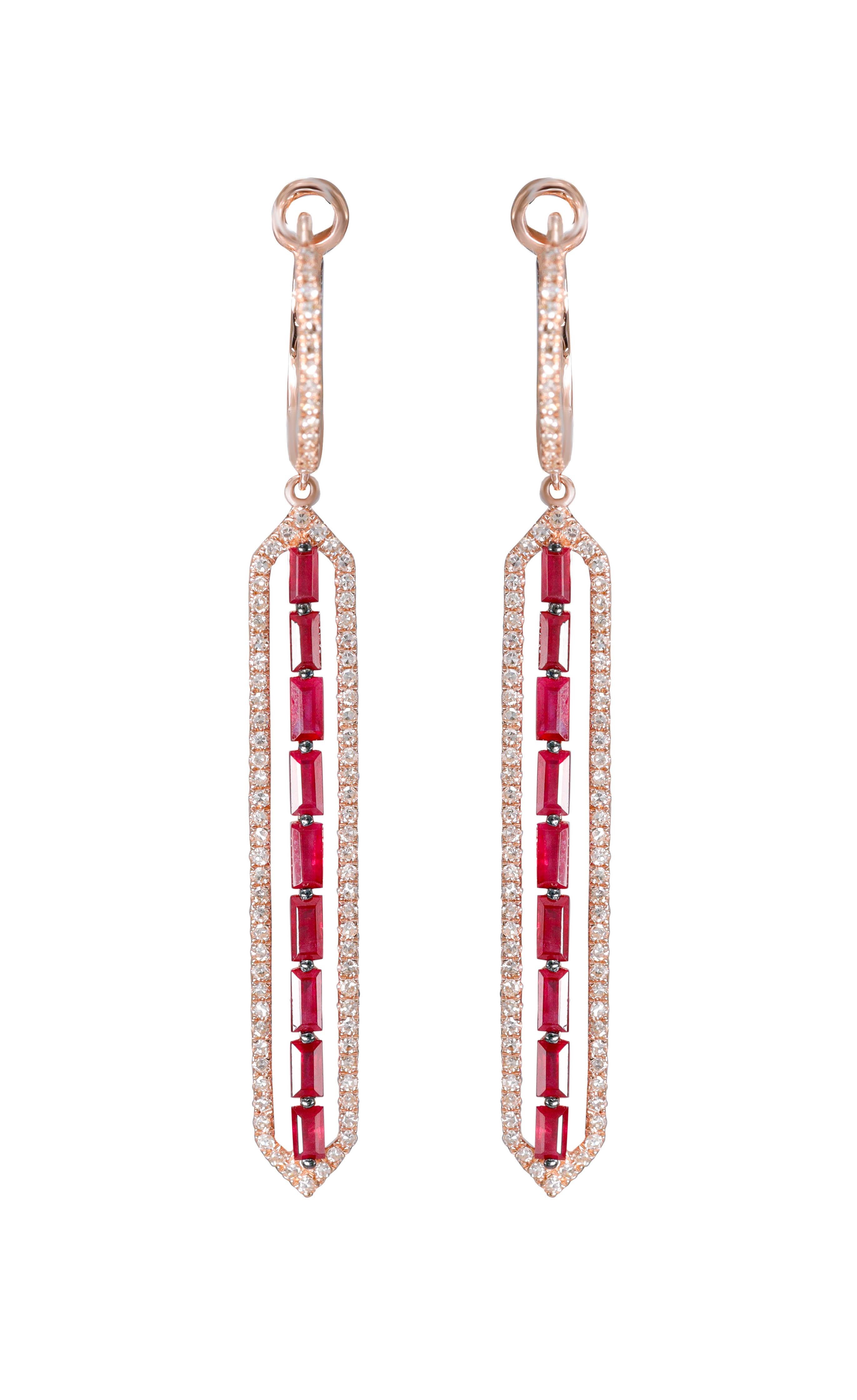 14K Rose Gold Ruby and Diamond Earrings featuring 1.38 Carat T.W. of Natural Rubies and 0.46 Carats T.W. of Diamonds

Underline your look with this sharp 14K Rose Gold Diamond and ruby Earrings. High quality Diamonds and rubies. This Earrings will