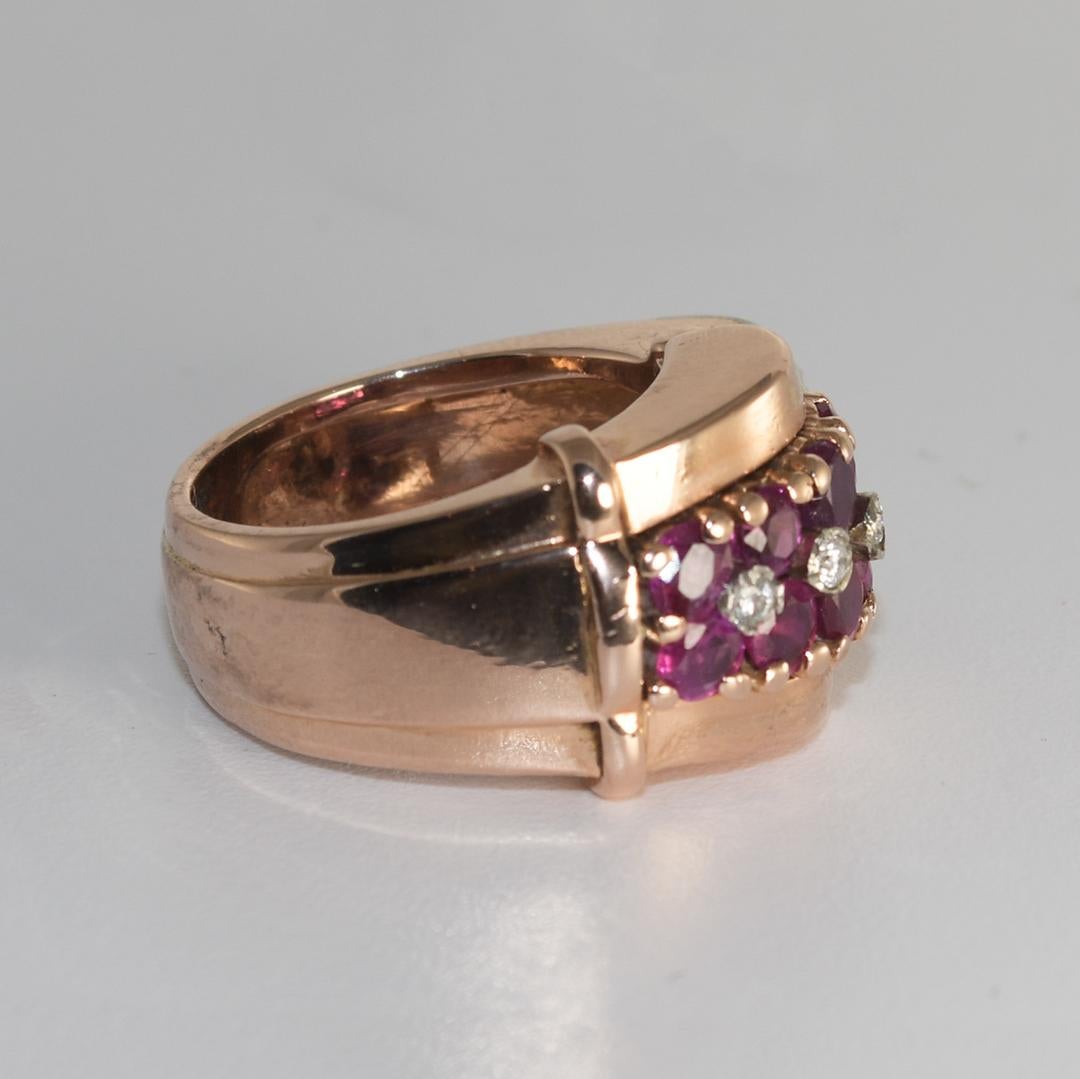 14 Karat Roségold Rubin und Diamant Übergangs-Art-Déco-Ring (Rundschliff)