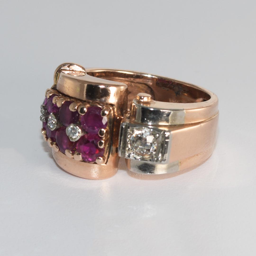14 Karat Roségold Rubin und Diamant Übergangs-Art-Déco-Ring 1