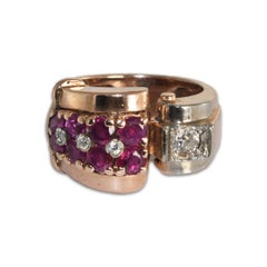 14 Karat Roségold Rubin und Diamant Übergangs-Art-Déco-Ring