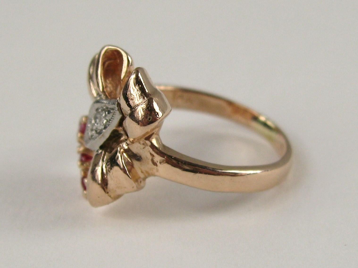 Women's 14 Karat Rose Gold Ruby and Diamond Bow Cocktail Ring, 1940s For Sale