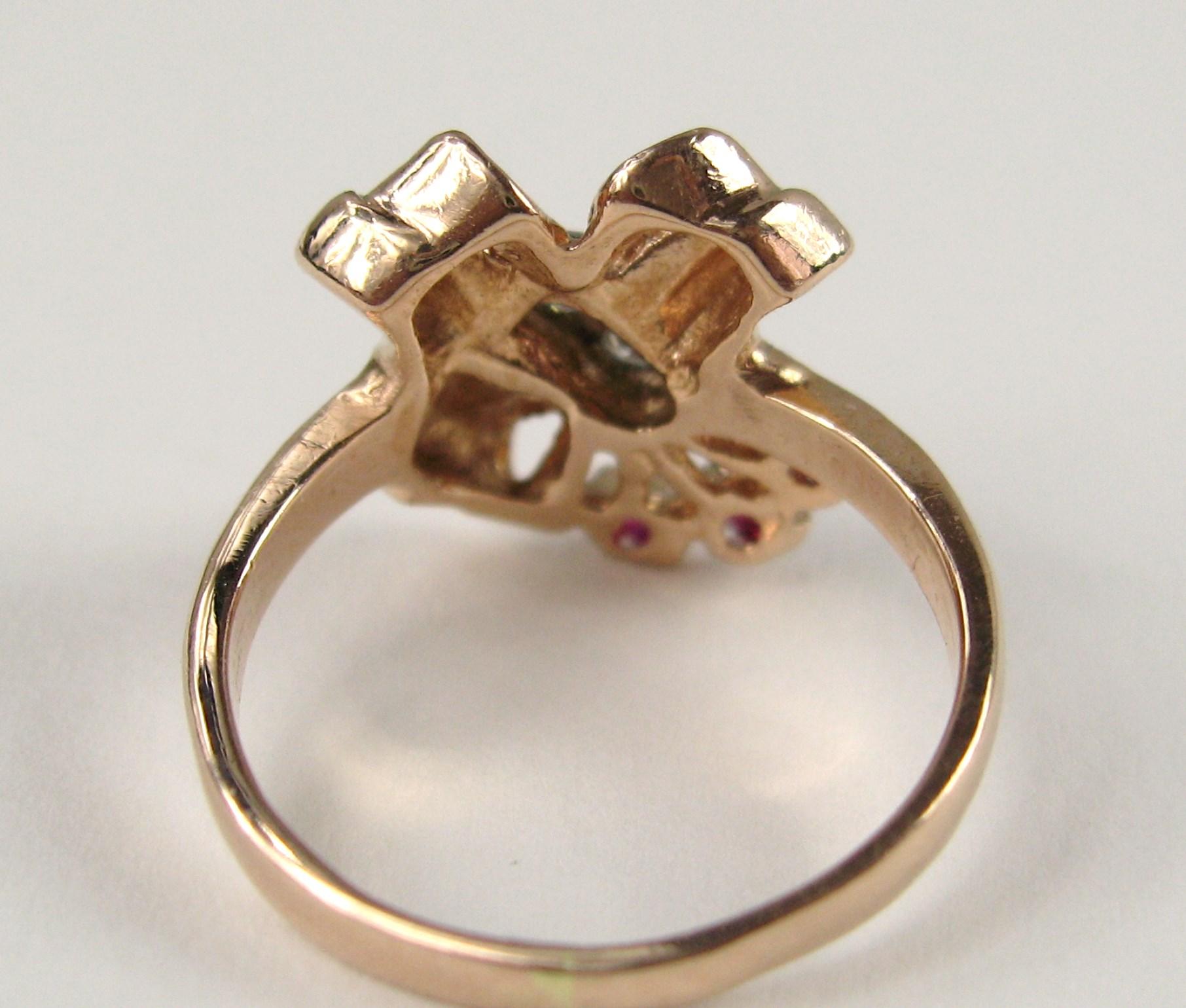 14 Karat Rose Gold Ruby and Diamond Bow Cocktail Ring, 1940s For Sale 1