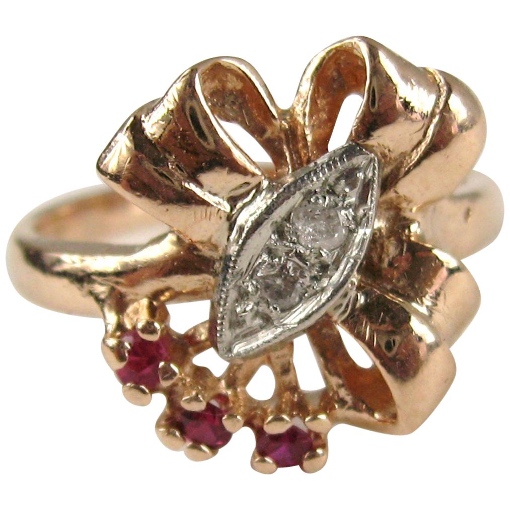 14 Karat Rose Gold Ruby and Diamond Bow Cocktail Ring, 1940s For Sale