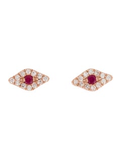 14K Rose Gold Ruby & Diamond Evil Eye Stud Earrings for Her