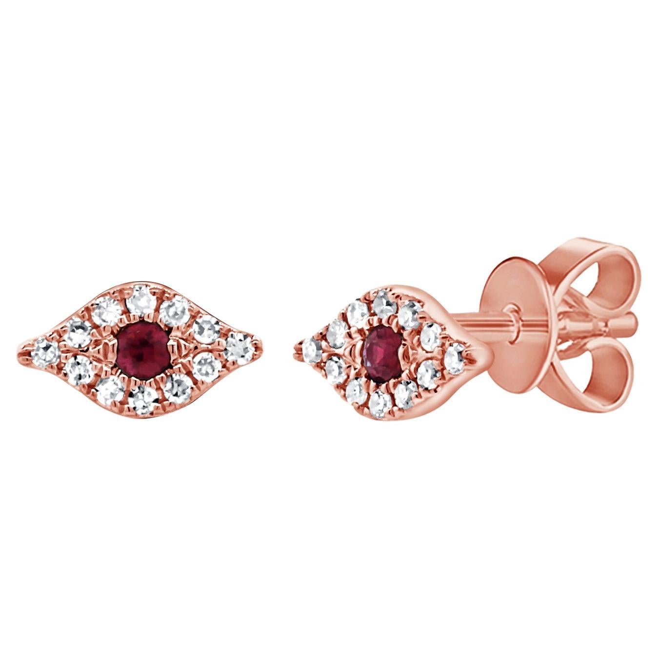 14K Rose Gold Ruby & Diamond Evil Eye Stud Earrings for Her For Sale