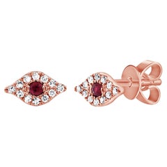 14K Rose Gold Ruby & Diamond Evil Eye Stud Earrings for Her