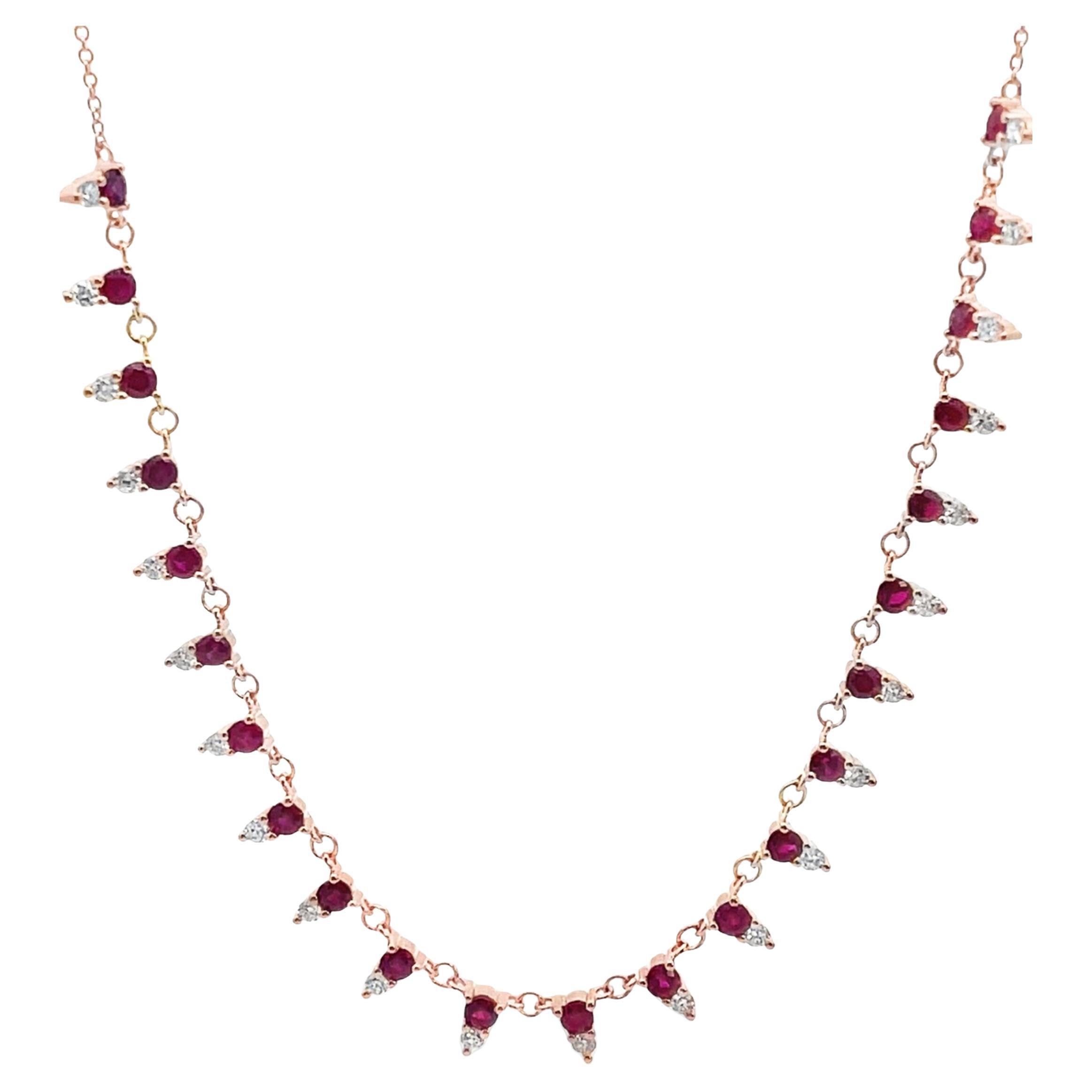 14K Rose Gold Round Ruby & Diamond Riviera Layering Necklace