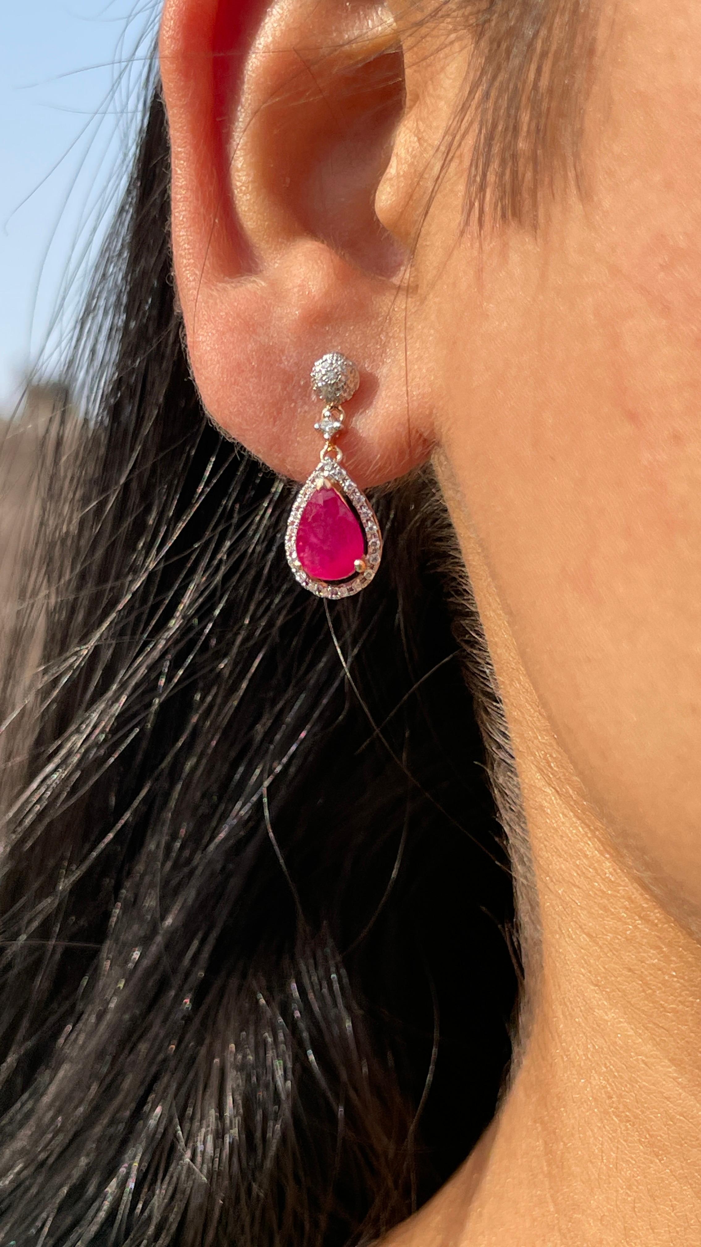 Pear Cut 14K Rose Gold Ruby Drop and Dangle Earrings with Diamonds For Sale