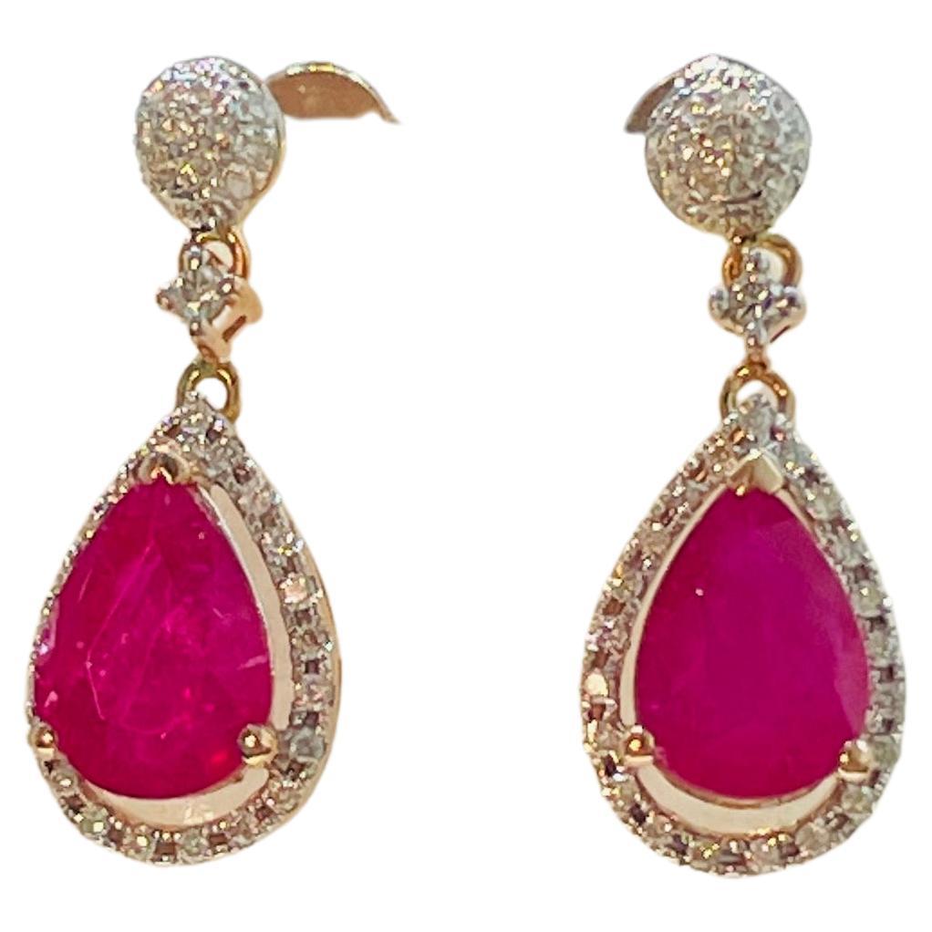 14K Rose Gold Ruby Drop and Dangle Earrings with Diamonds For Sale