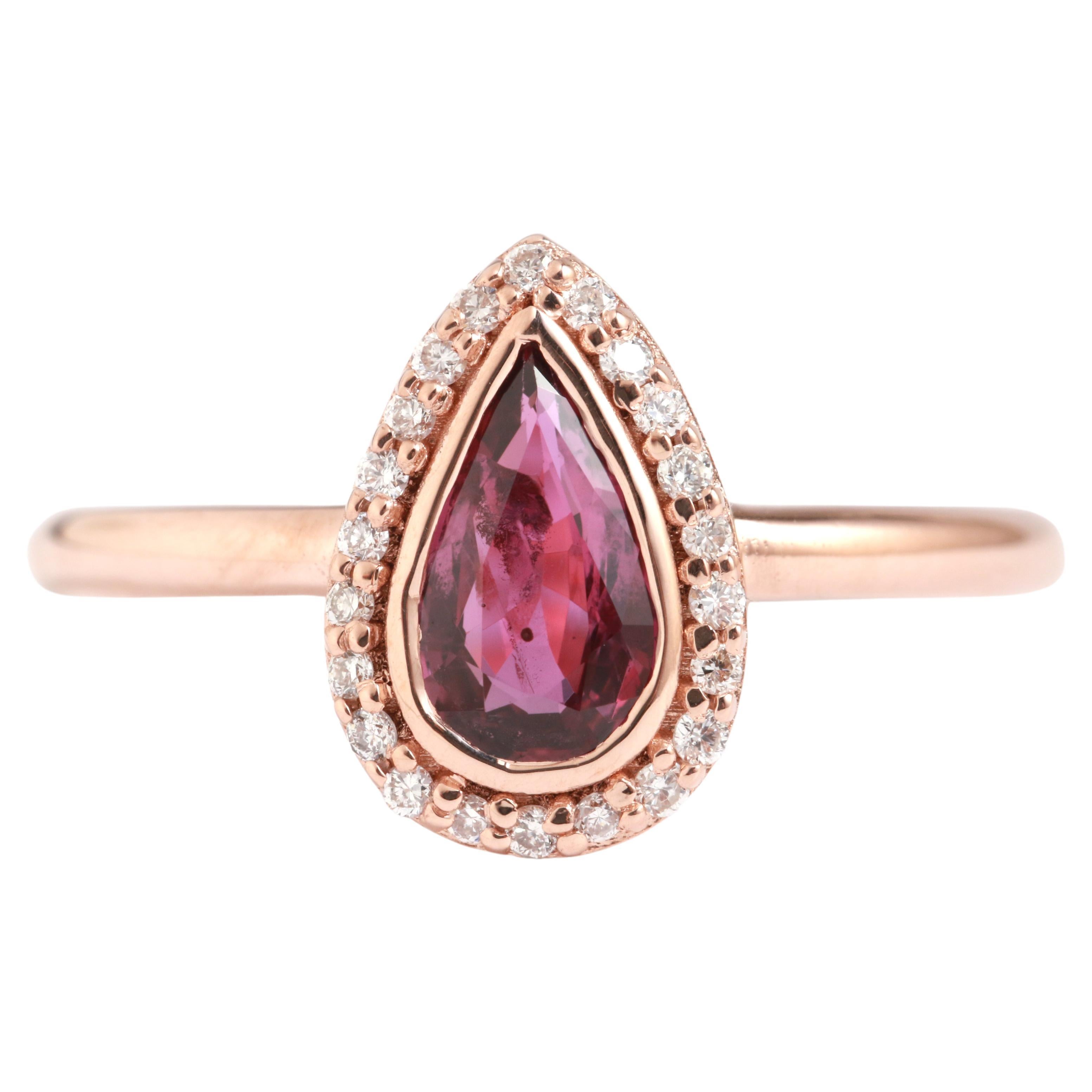 14k Rose Gold Ruby Ring with Diamond Halo For Sale