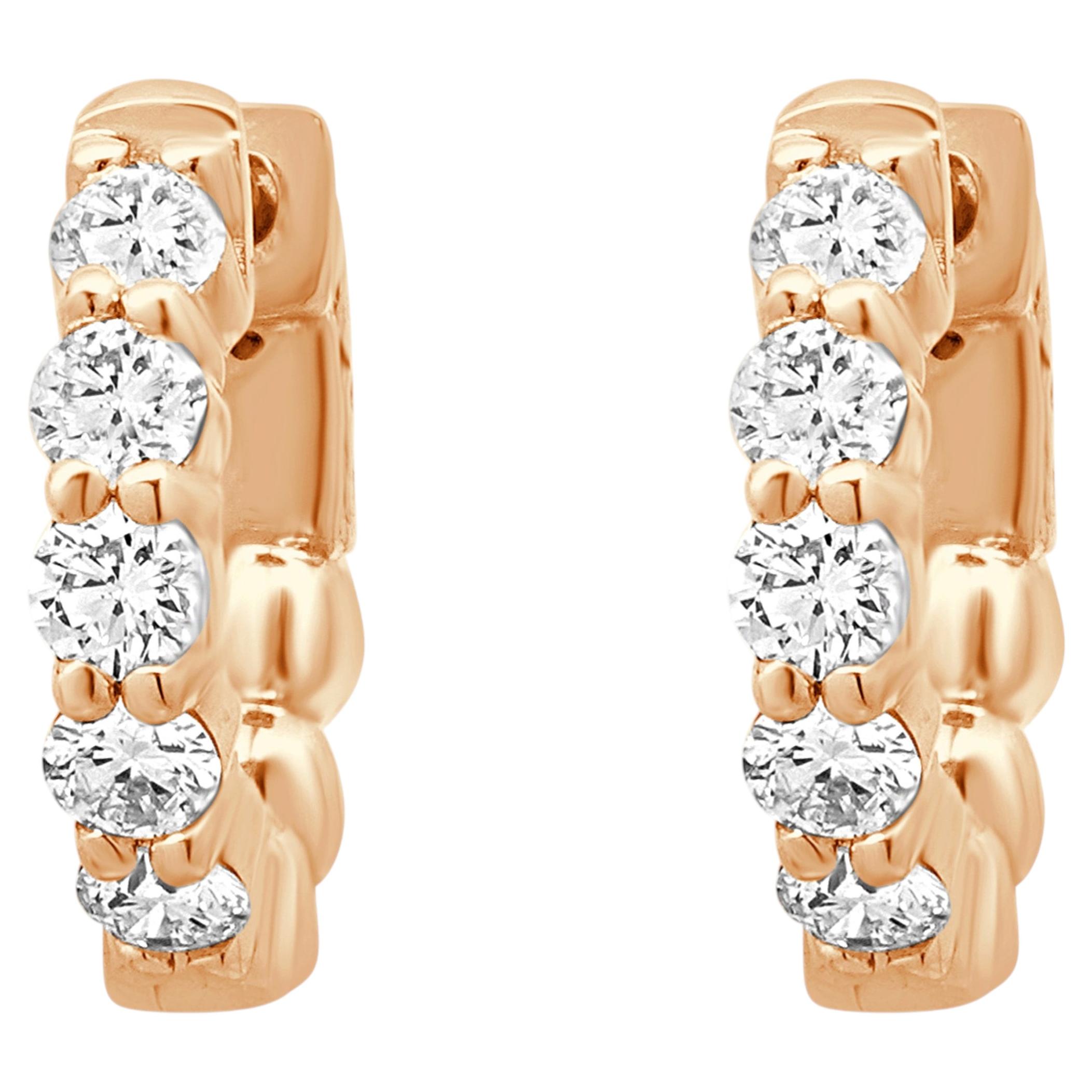 14K Rose Gold Shared Prong Set Round Diamond Huggie Earrings