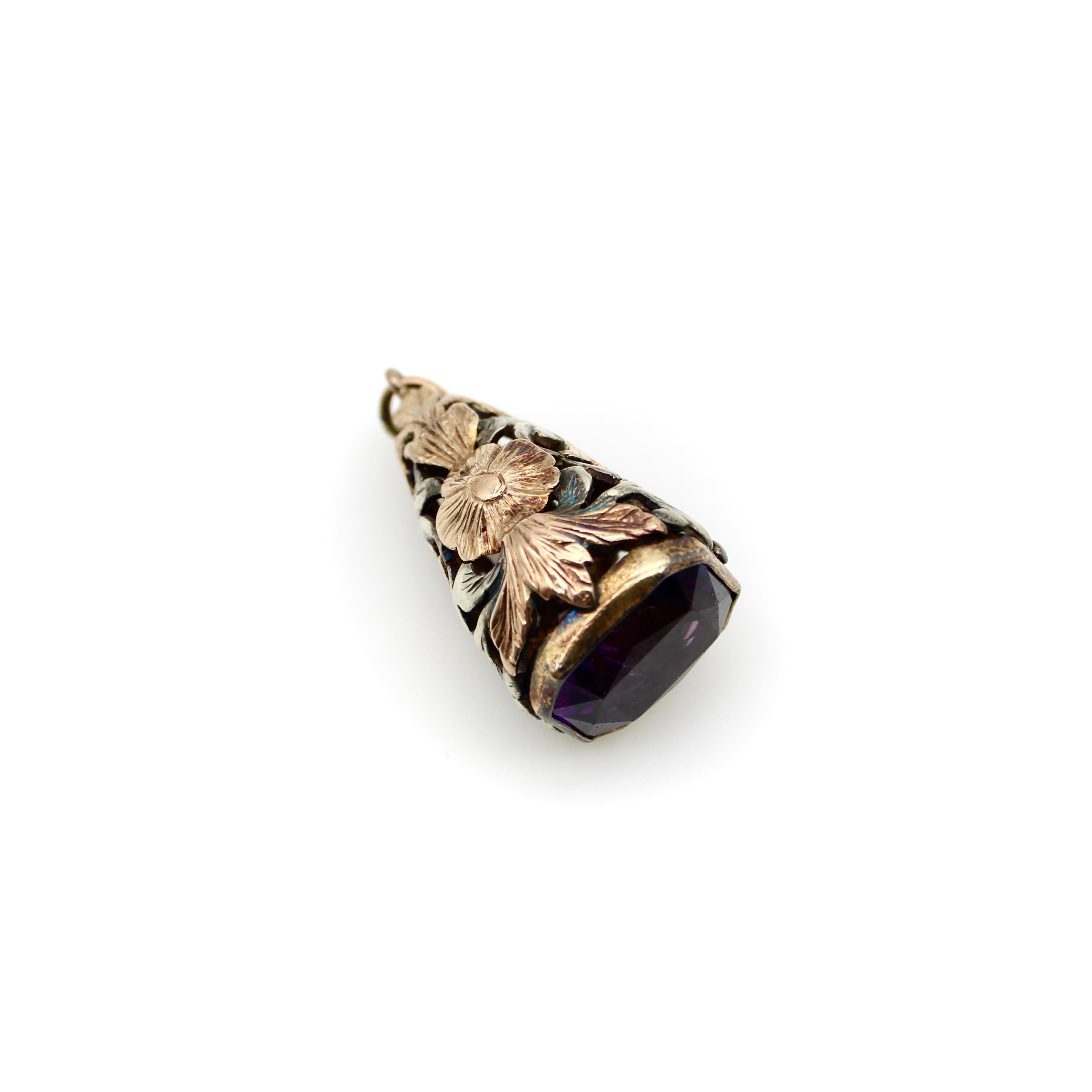 Arts and Crafts 14K Rose Gold Silver and Amethyst Fob For Sale