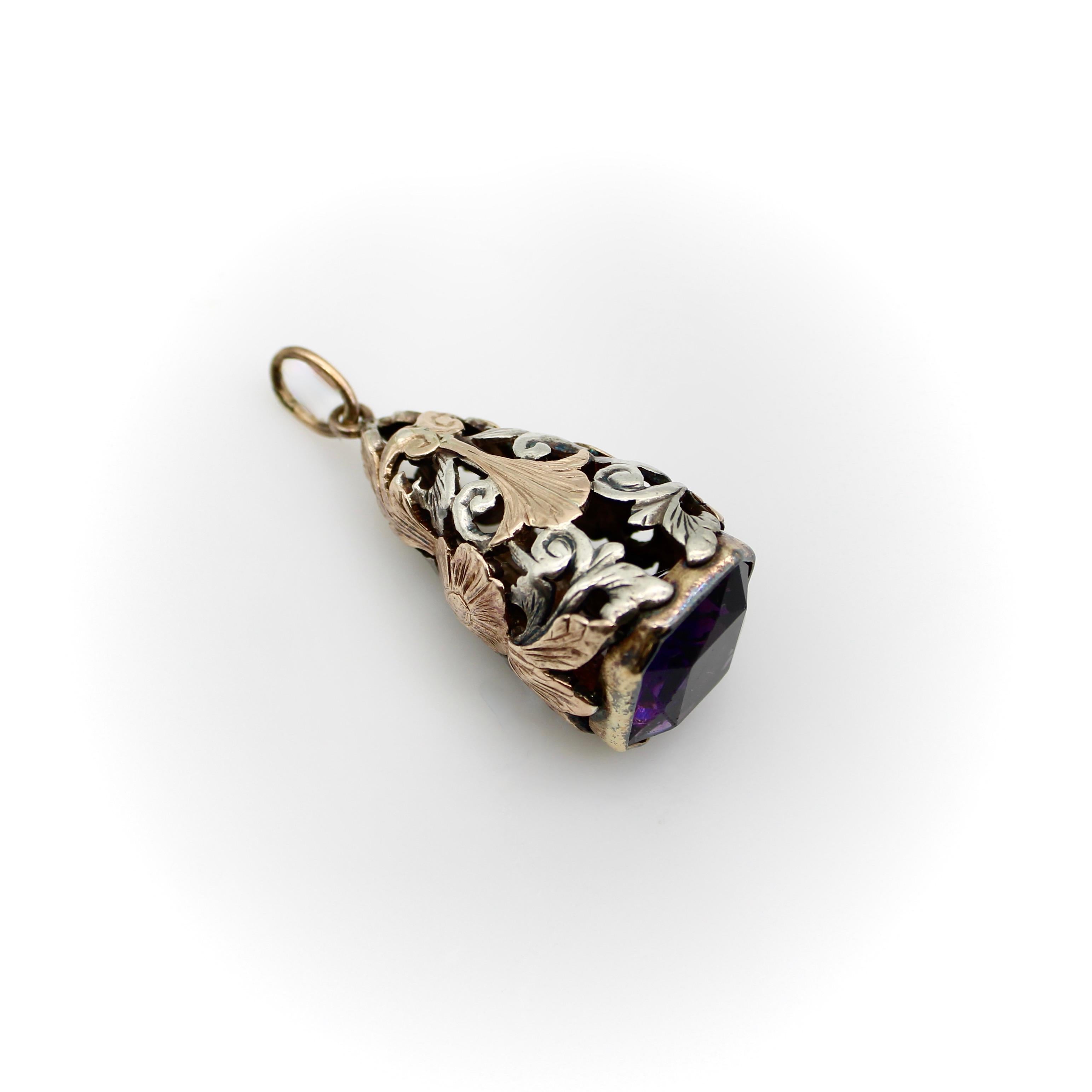 14K Rose Gold Silver and Amethyst Fob In Good Condition For Sale In Venice, CA