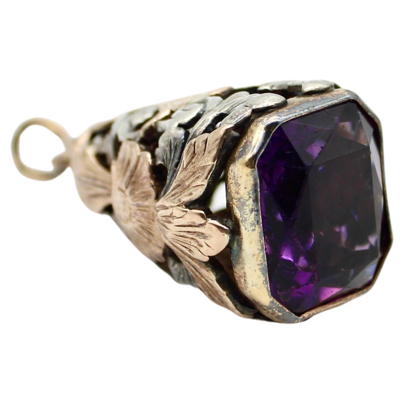 14K Rose Gold Silver and Amethyst Fob For Sale